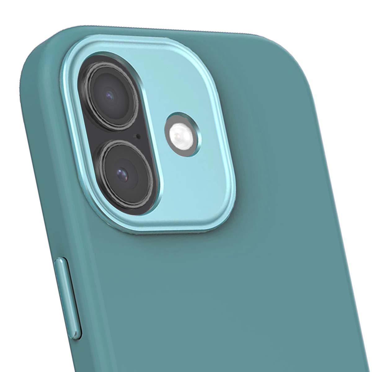 Primo piano di una custodia per telefono verde acqua con lenti della fotocamera. Sono visibili due lenti grandi e una più piccola. La custodia ha una trama liscia.