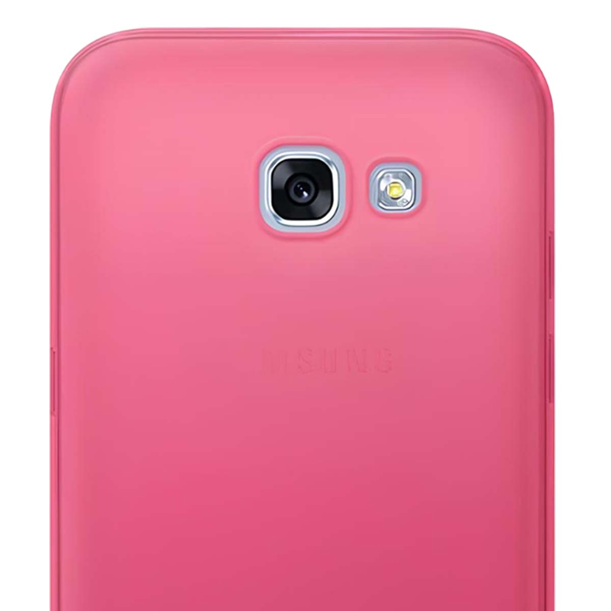 Primo piano di un retro telefono rosa. Presenta fotocamera e flash. Il logo Samsung è visibile in basso.