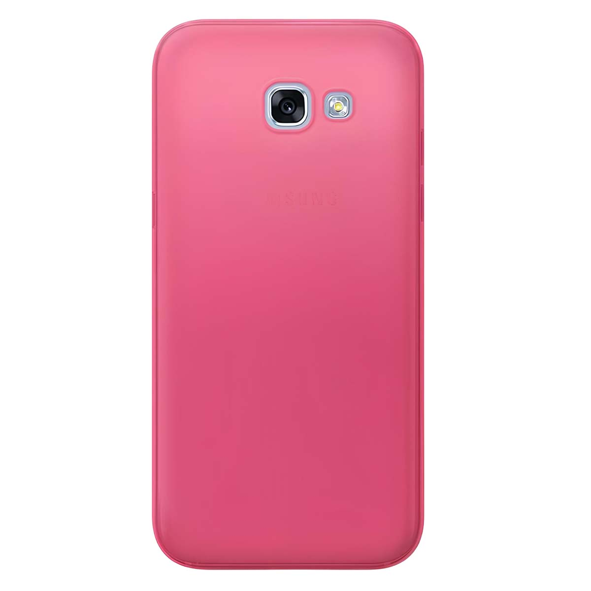 Un telefono Samsung rosa con fotocamera e flash. Il telefono ha una finitura liscia e lucida. Lo sfondo è bianco.