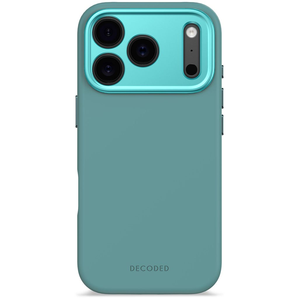 Una custodia per telefono verde acqua con una sezione fotocamera verde acqua. La sezione fotocamera ha tre obiettivi e un flash. La custodia dice 'DECODED'.