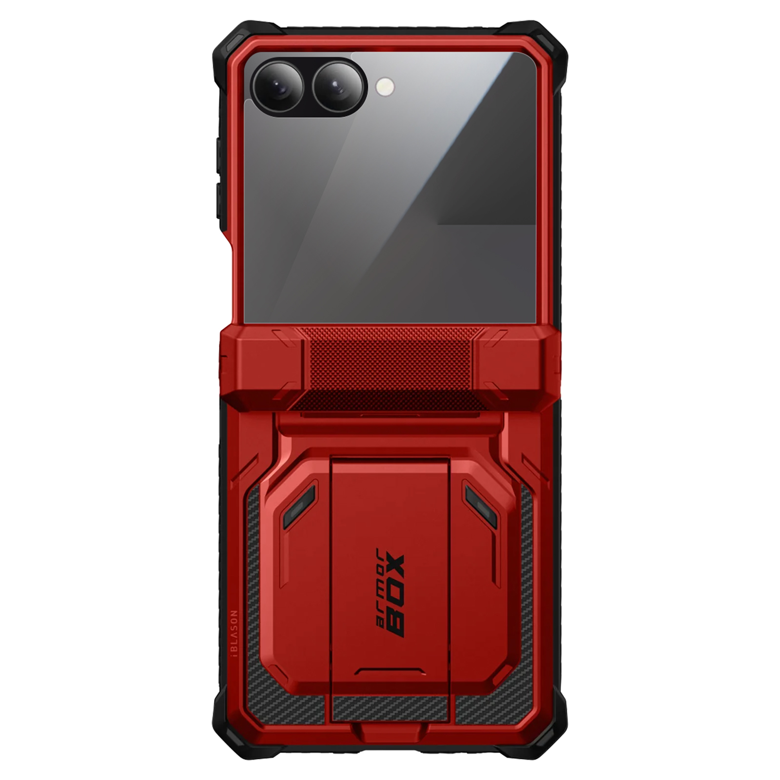 Rode en zwarte telefoonhoes. Het heeft een camera-uitsparing en de woorden Armor Box zijn zichtbaar.