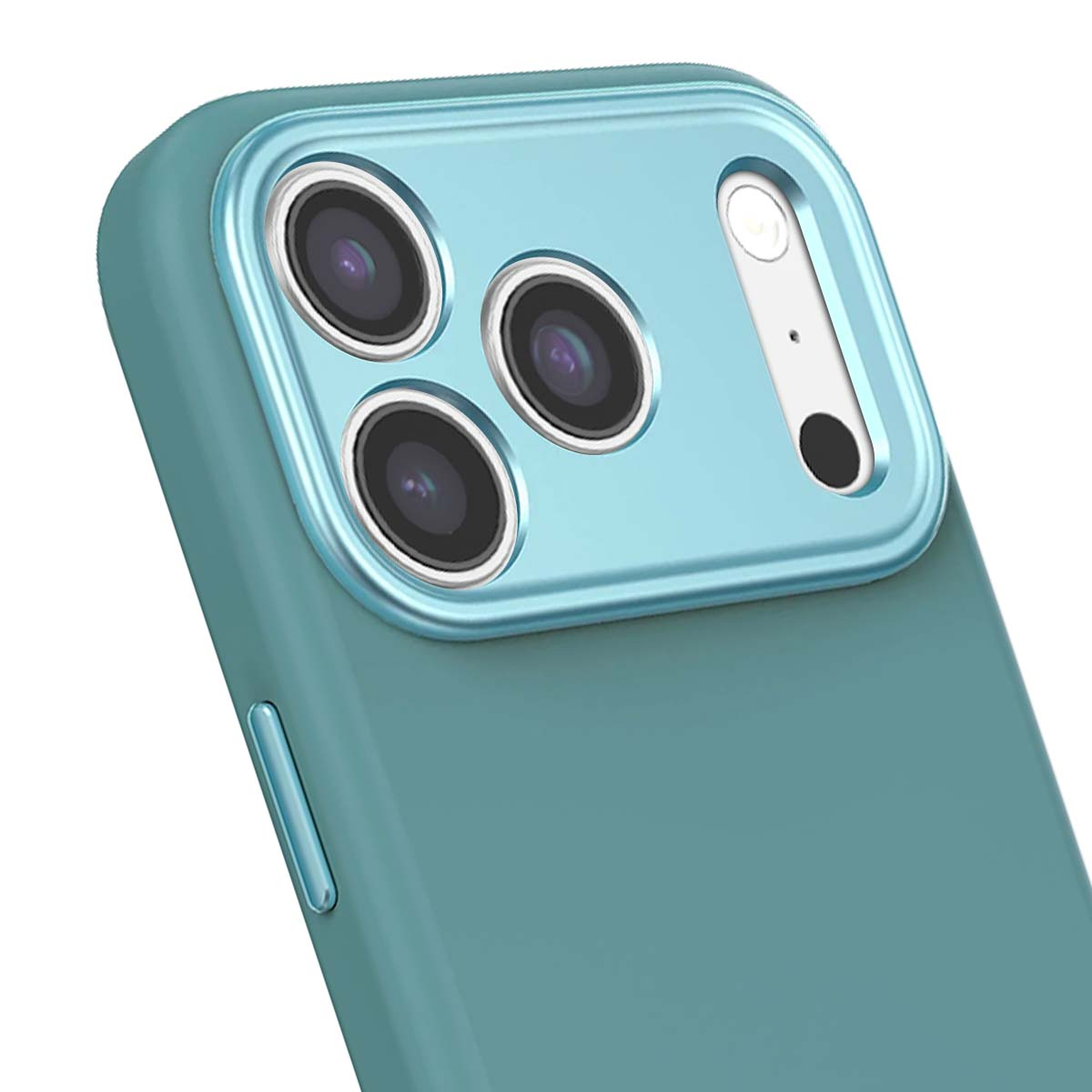 Primo piano di una custodia per telefono verde acqua con lenti della fotocamera. La custodia ha un corpo verde acqua con una cornice della fotocamera azzurra.