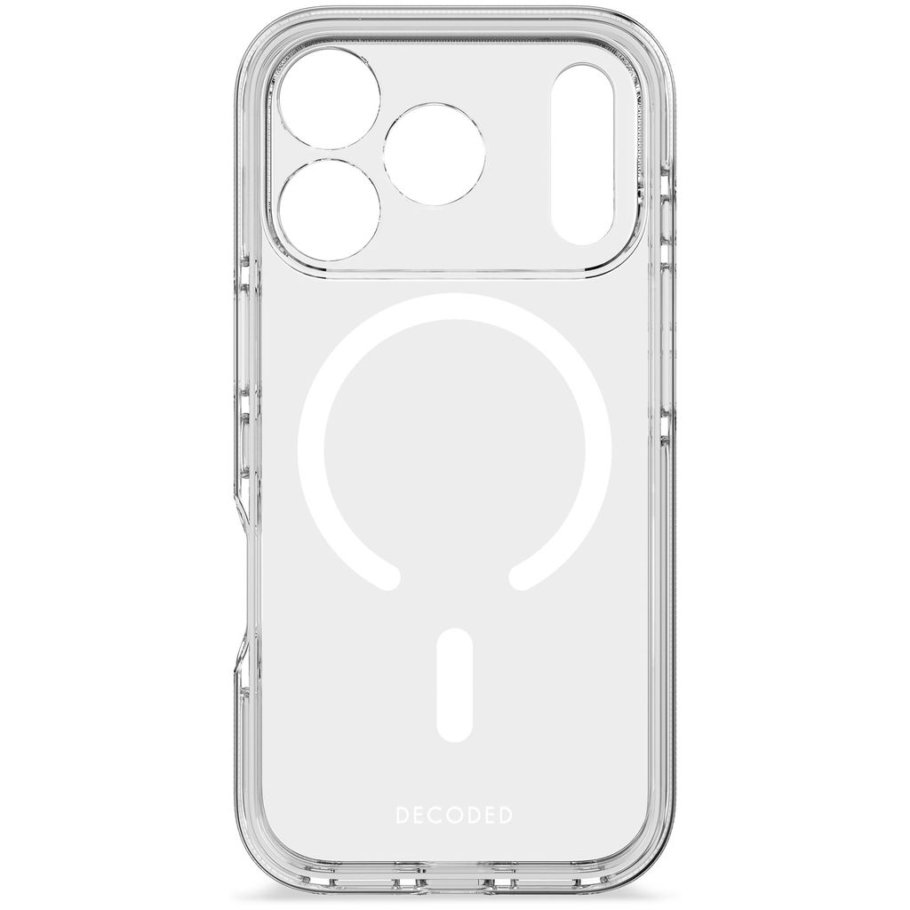 Custodia trasparente per telefono. Presenta fori per fotocamera e pulsanti. Cerchio e trattino bianchi indicano l'area di ricarica. Marchio: Decoded.