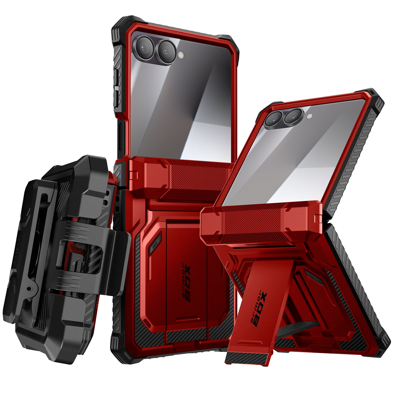 Rode en zwarte telefoonhoesjes met een standaard en een riemclip. De hoesjes zijn voor een telefoon met twee camera's.