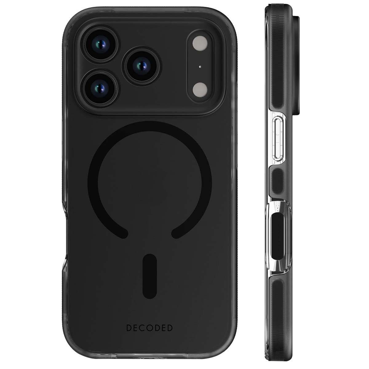 Schwarze Handyhülle mit Kameraausschnitten und einem kreisförmigen Design. Der Markenname 'DECODED' steht unten.
