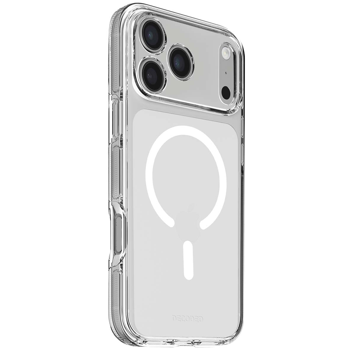Custodia trasparente per telefono. Visibili le lenti della fotocamera e un cerchio di ricarica magnetica bianco. La parola DECODED è in basso.