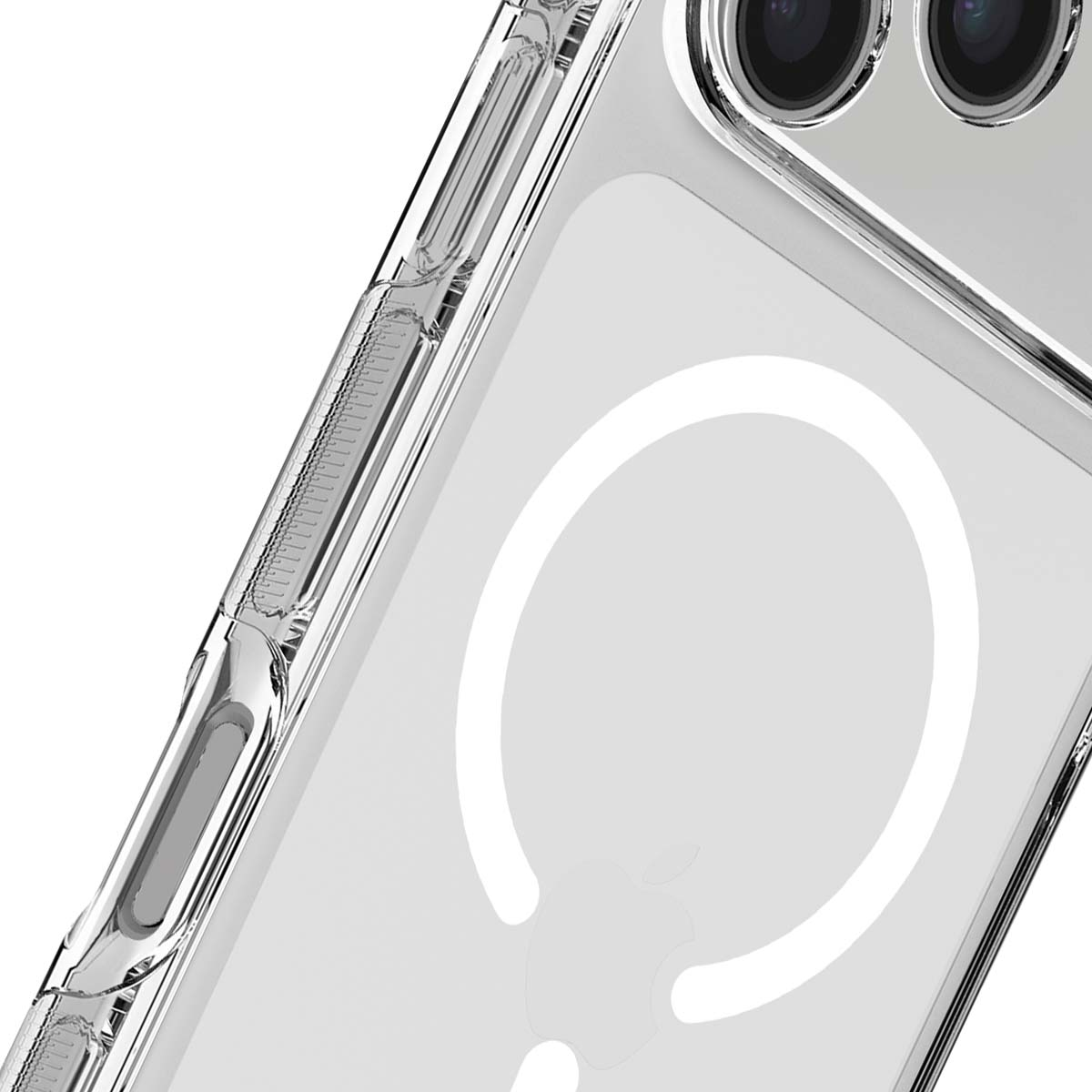 Custodia trasparente per telefono. Obiettivi della fotocamera e pulsanti laterali visibili. Contorno del logo Apple sul retro. Plastica trasparente.