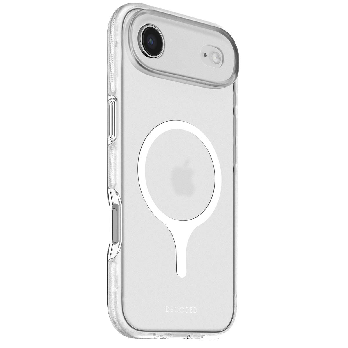 Una custodia trasparente per iPhone. La custodia ha un anello MagSafe bianco e un logo Apple. La parola "DECODED" è scritta in basso.