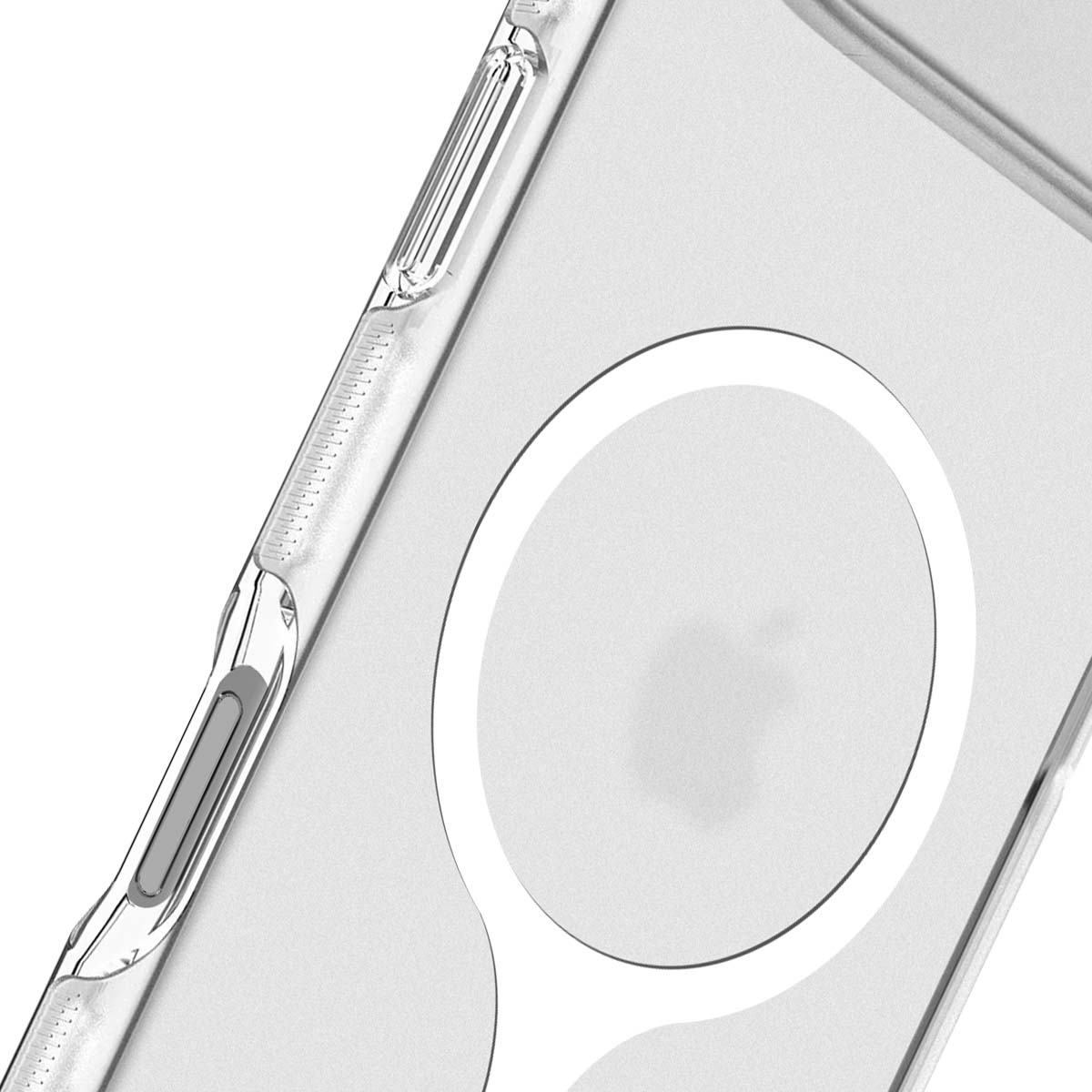 Custodia trasparente per telefono con dettaglio ad anello bianco. La custodia ha un pulsante laterale e un bordo sottile trasparente. Logo Apple visibile.