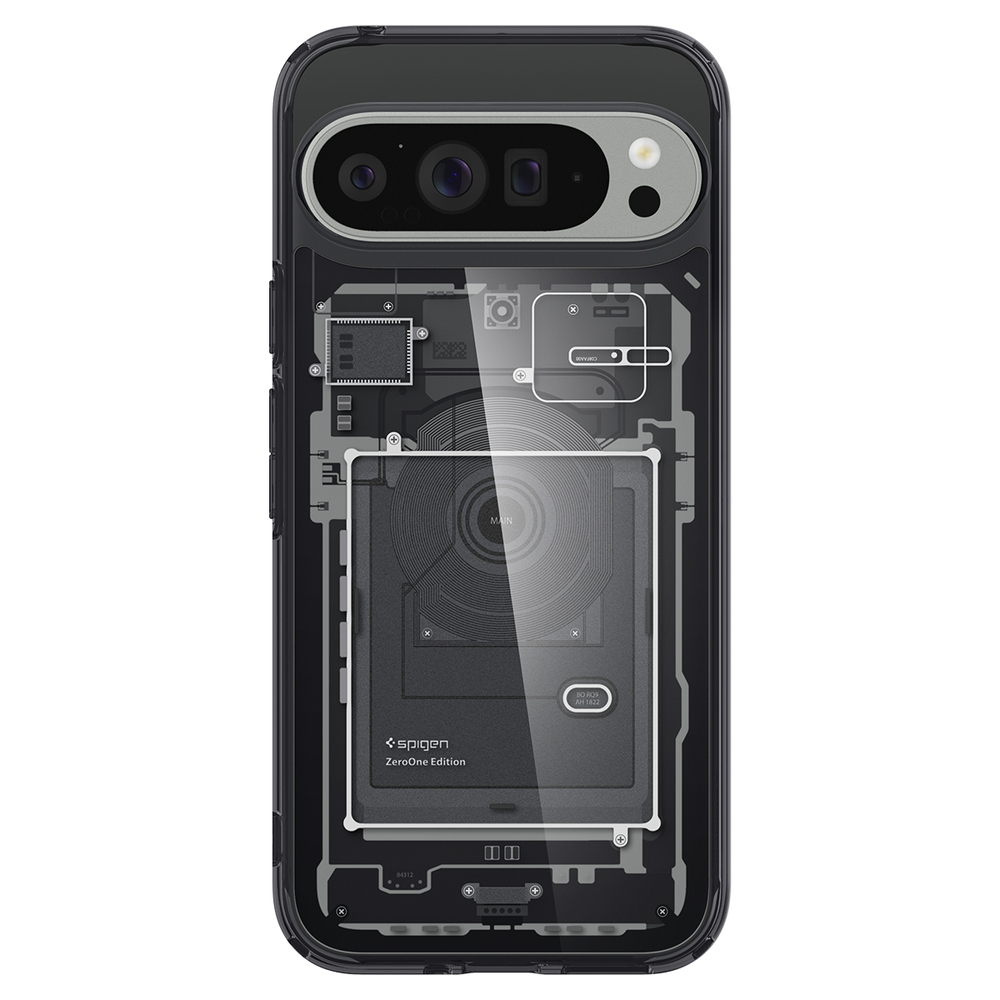 Una custodia trasparente per telefono che mostra i componenti interni. Contiene una fotocamera e un logo Spigen ZeroOne Edition.
