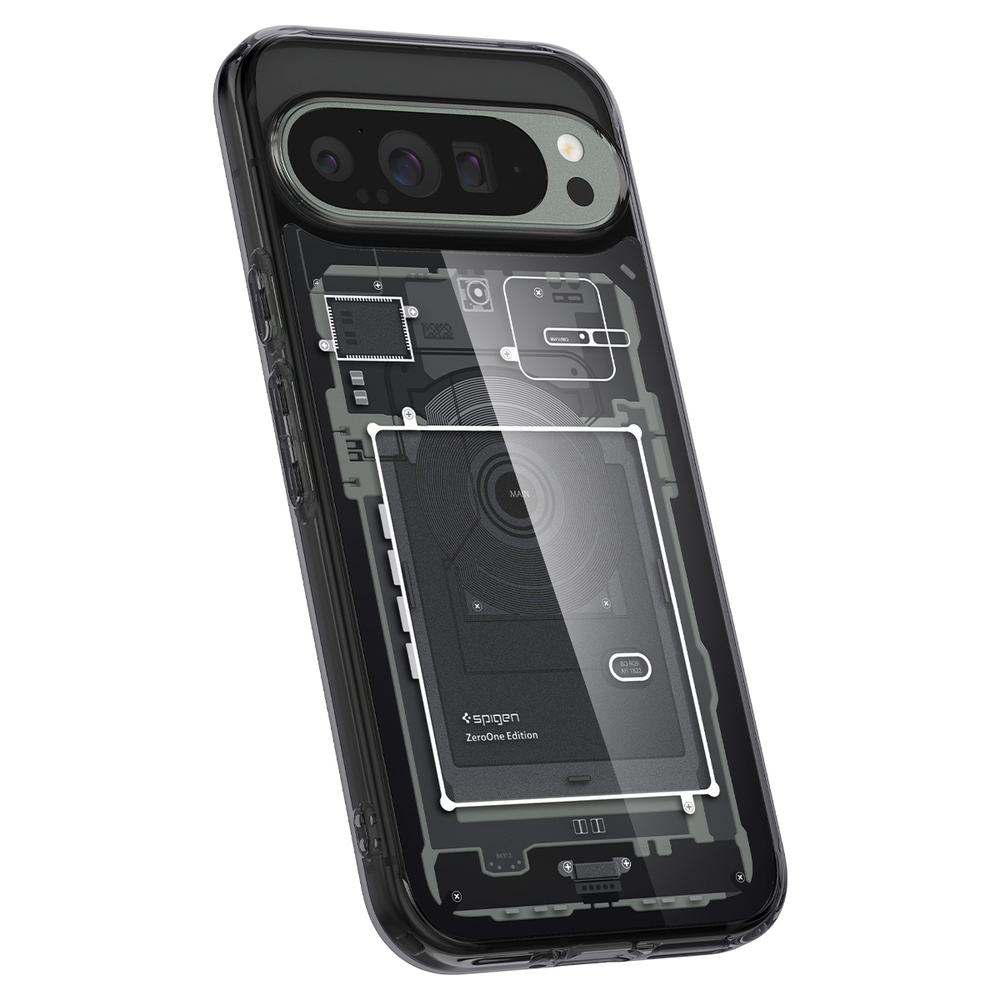 Custodia trasparente che rivela i componenti interni. La custodia è nera, il telefono ha un'ammaccatura per la fotocamera. Anche l'interno del telefono è visibile.
