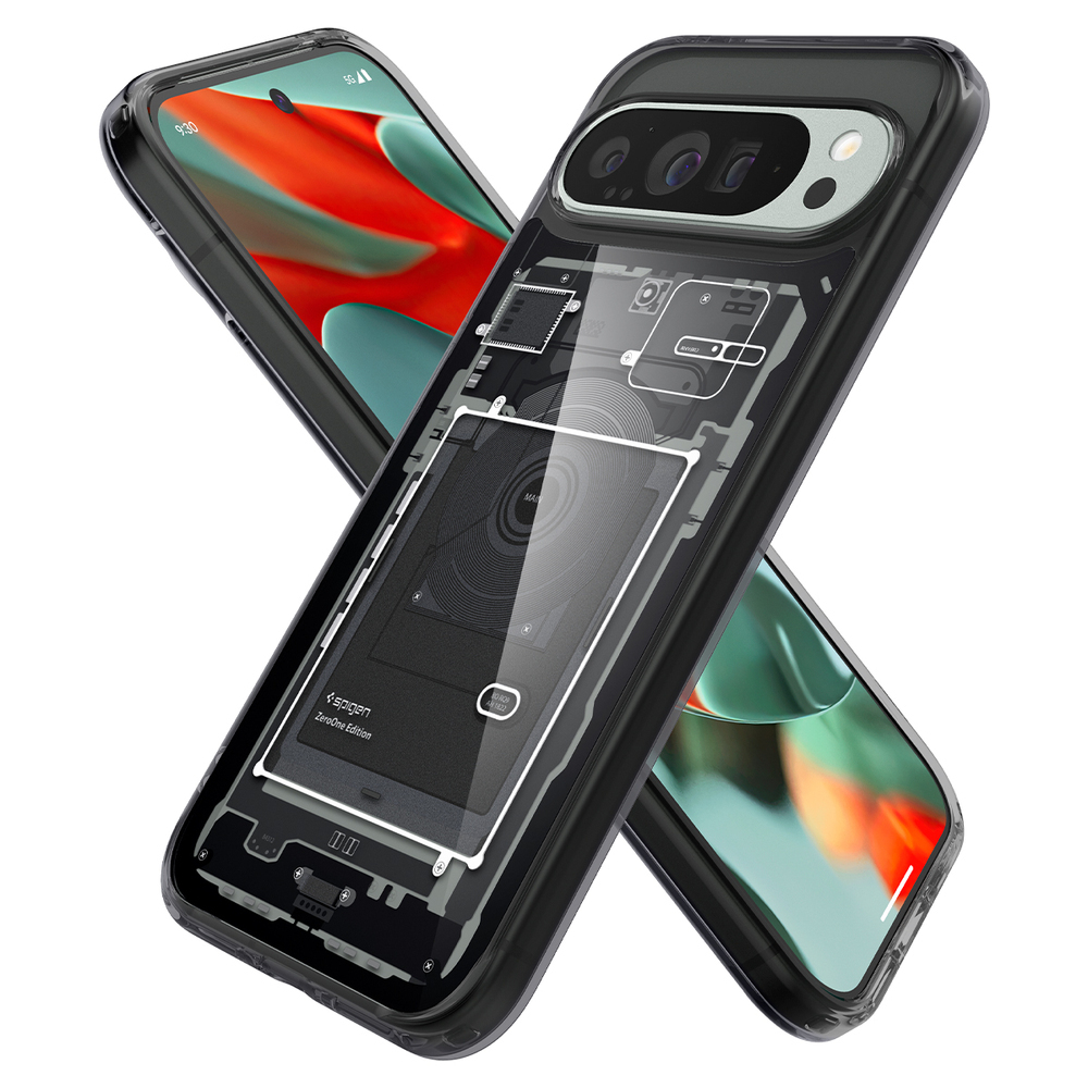 Due smartphone con custodie. Uno rivela componenti interni, l'altro mostra uno schermo rosso e verde.