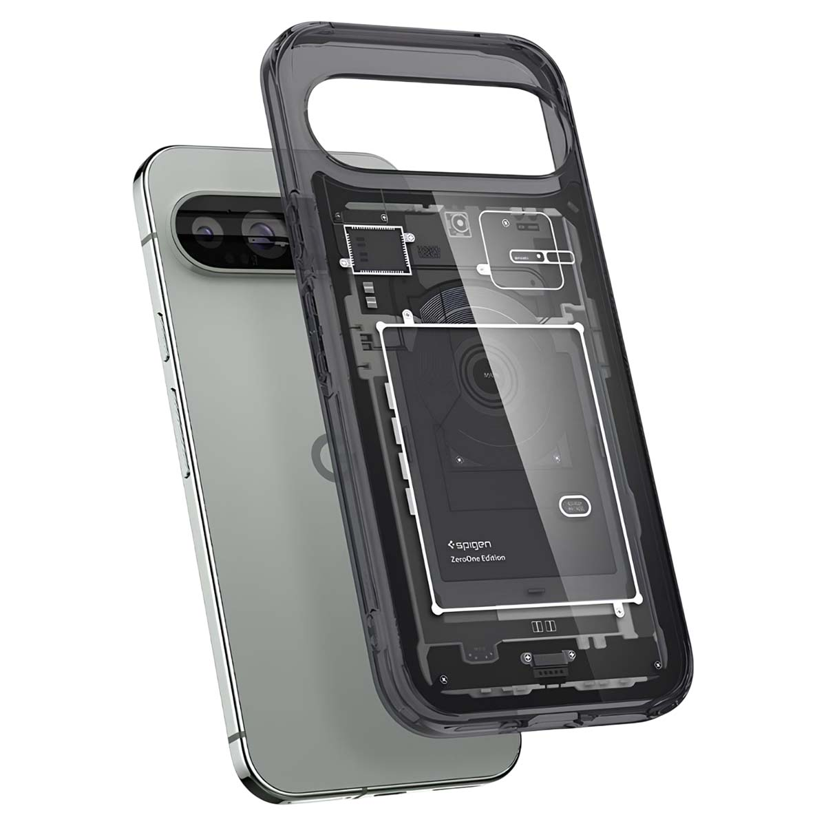 Ein Telefon mit einer transparenten Hülle, die interne Komponenten zeigt. Das Telefon ist silber und die Hülle schwarz. Die Hülle hat ein Spigen-Logo.
