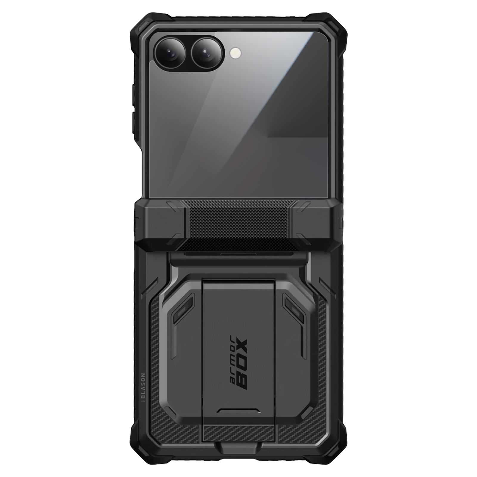 Zwarte telefoonhoes met ingebouwde standaard. Voorzien van camera-uitsparingen en de tekst 'armor box'.