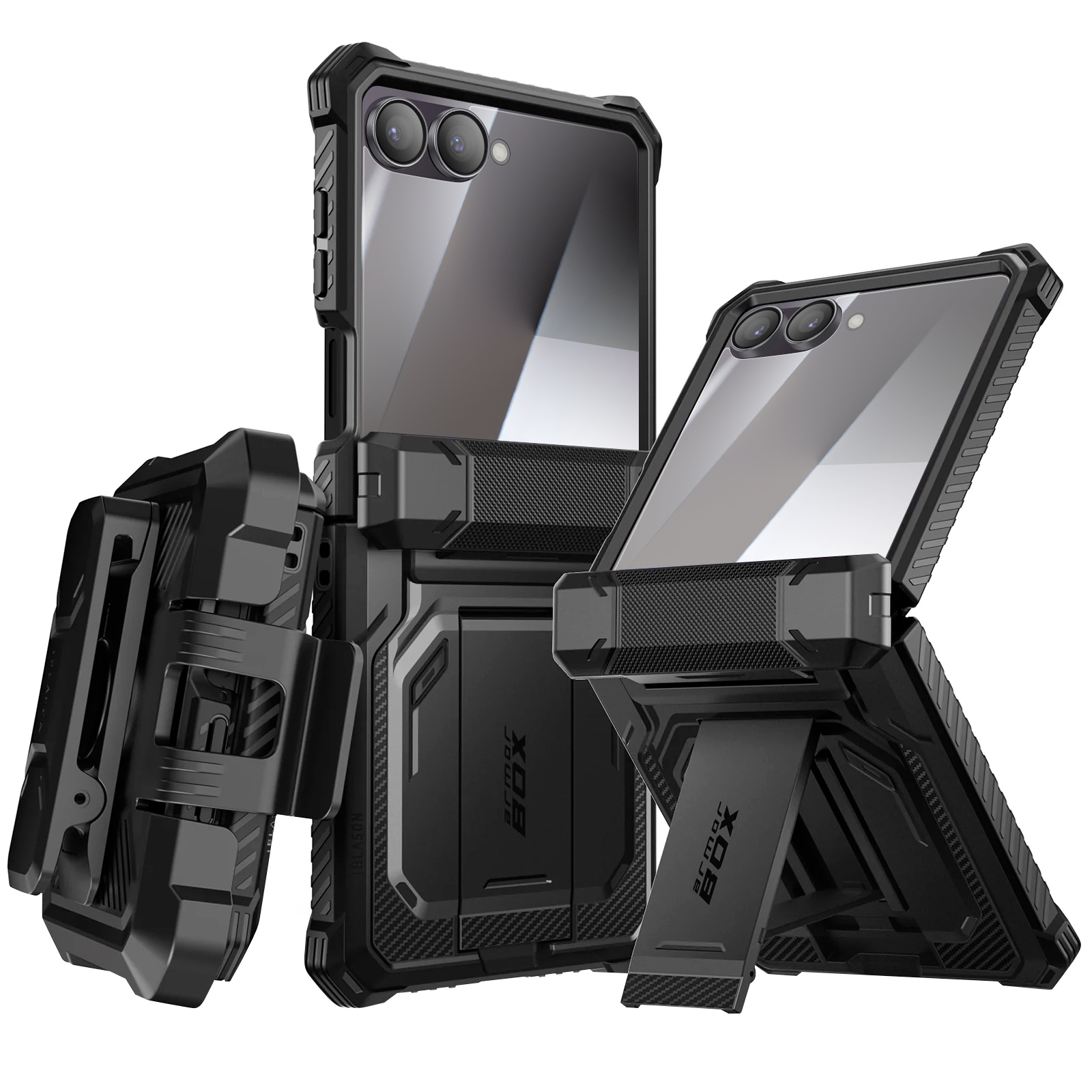 Zwarte telefoonhoesjes met standaard en clip. Er worden twee telefoons getoond. Het ArmorBox-logo is zichtbaar.