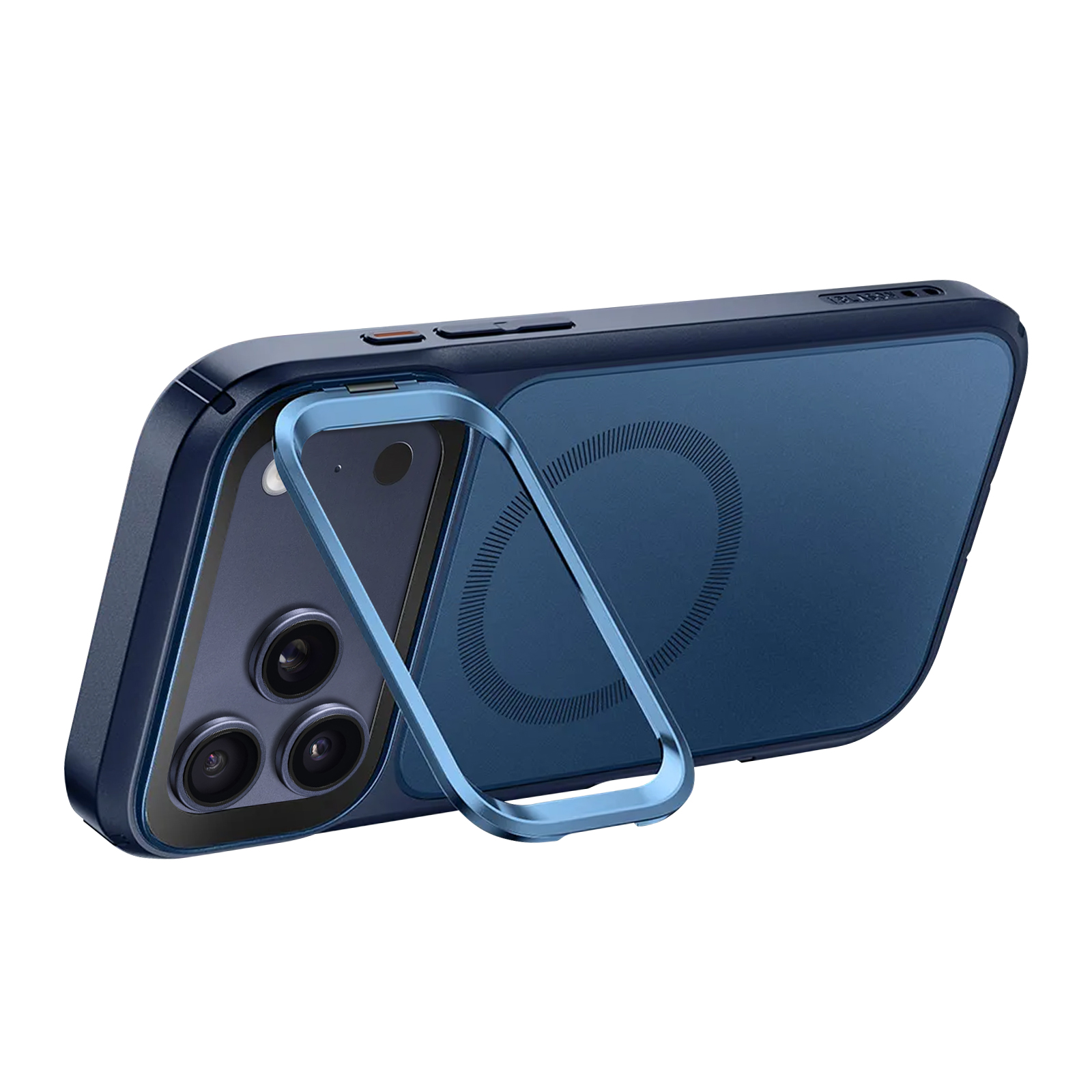 Een blauwe telefoonhoes met een frame. De telefoon heeft drie cameralenzen. Een metalen frame omringt de lenzen.
