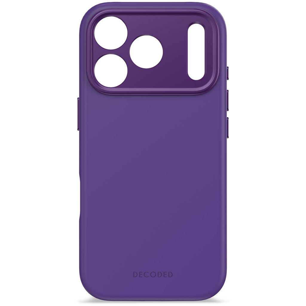 Una custodia per telefono viola con ritagli per la fotocamera. La parola DECODED è in basso.
