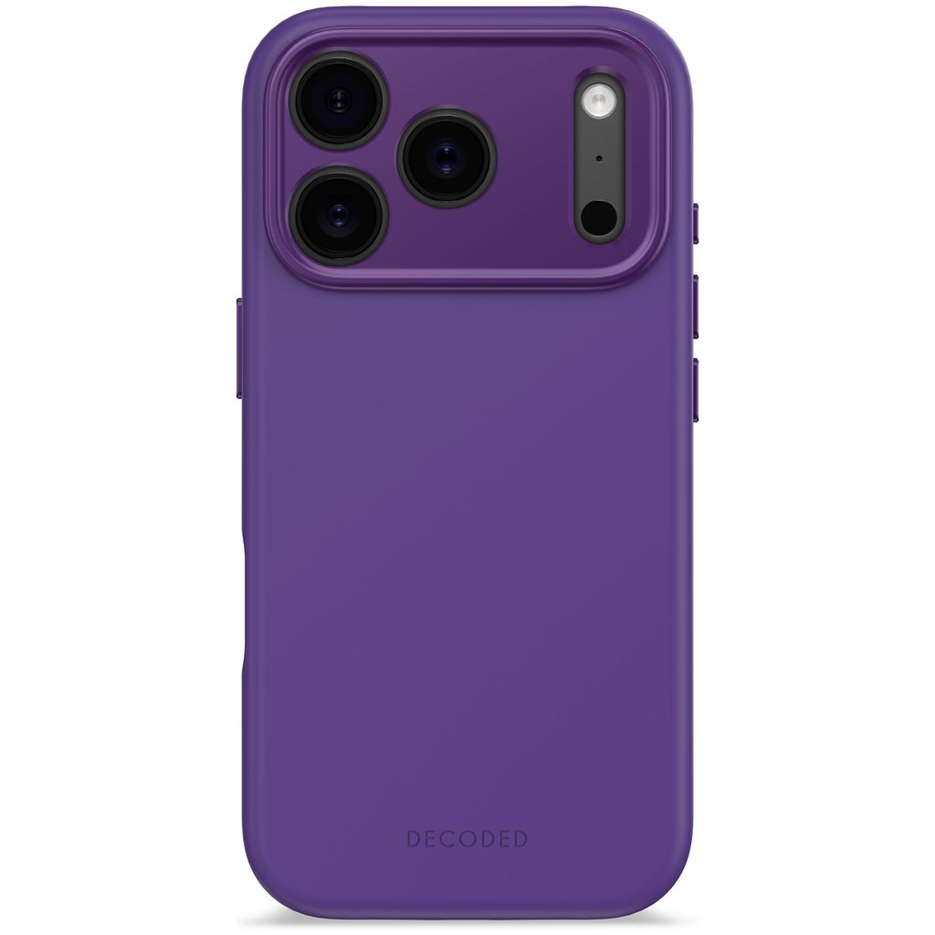 Custodia per telefono viola con ritagli per fotocamera e la parola 'DECODED' stampata in basso. La custodia è liscia e lucida.