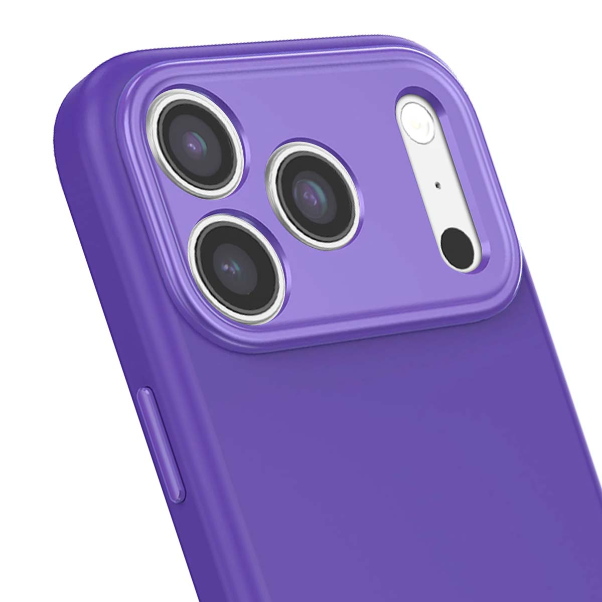 Primo piano di una custodia per telefono viola con tre obiettivi, un flash e un piccolo cerchio nero. È visibile anche un pulsante laterale.