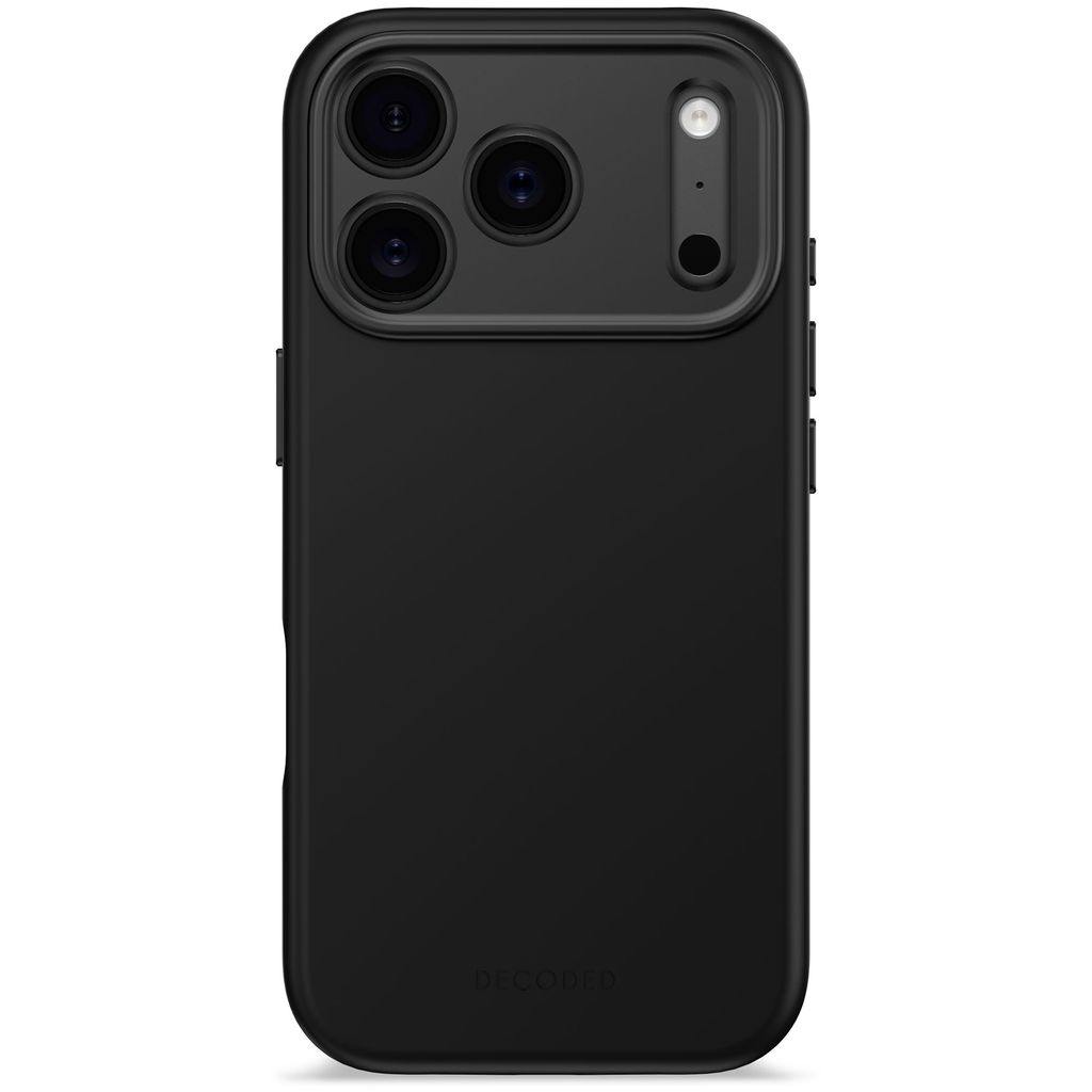 Custodia per telefono nera con ritagli per fotocamera. La parola DECODED è in basso. Ha 3 obiettivi e un flash.