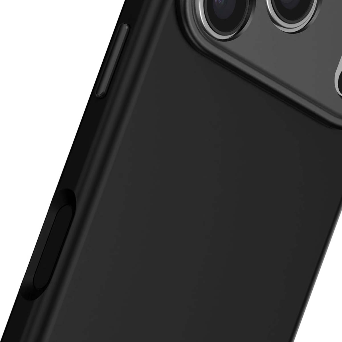 Primo piano di un telefono nero. Le lenti della fotocamera sono visibili. Il lato del telefono presenta un pulsante e un bordo curvo.