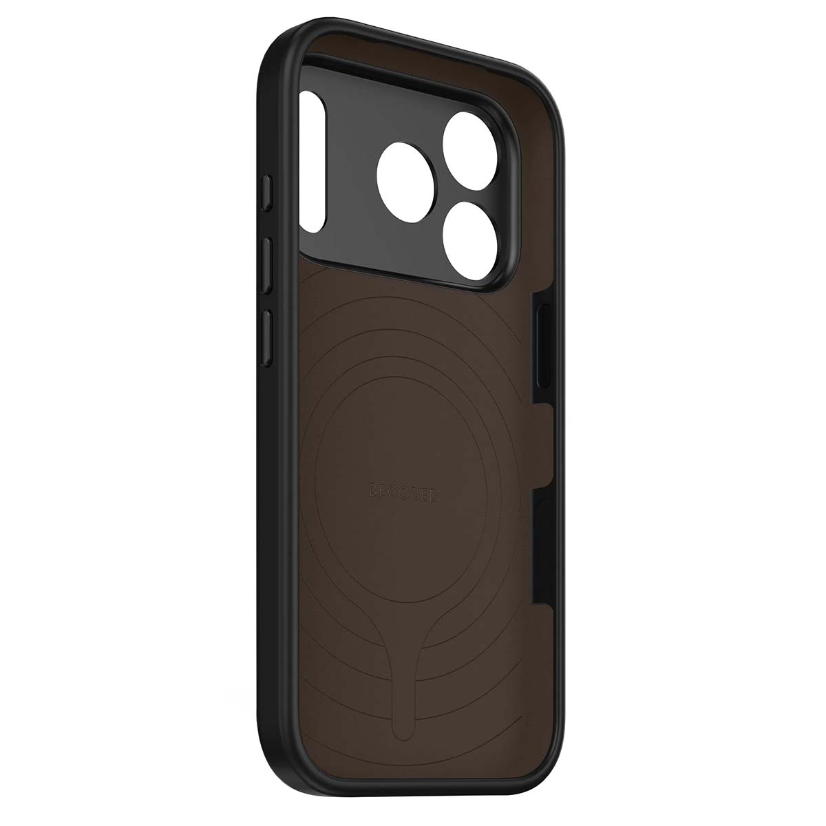 Una custodia per telefono con cornice nera e interno marrone. La custodia ha ritagli per la fotocamera e i pulsanti. Visibile il marchio 'DECODED'.
