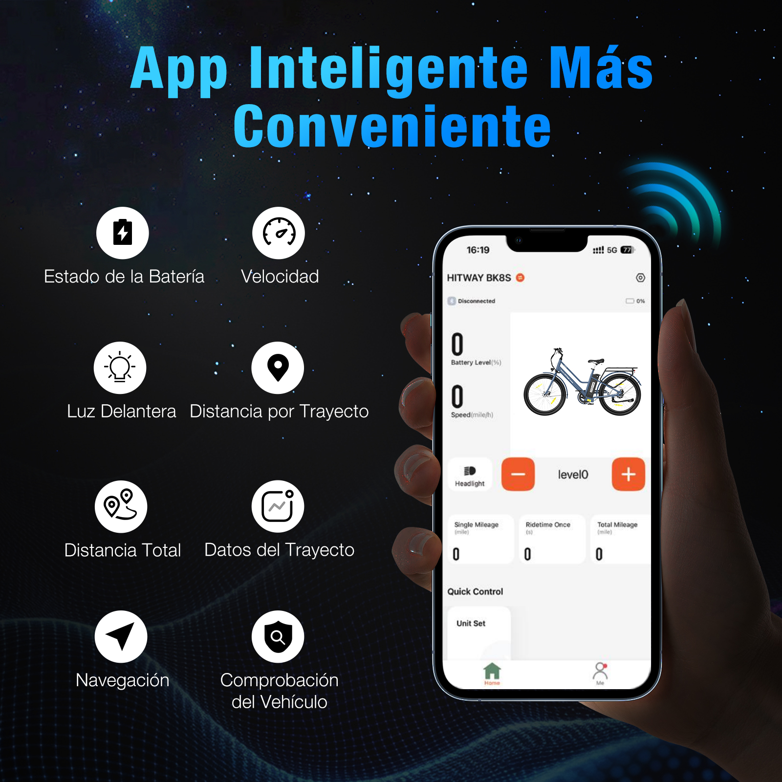 Pantalla de smartphone con información de bicicleta, batería, velocidad y controles. Texto: App Inteligente Más Conveniente.