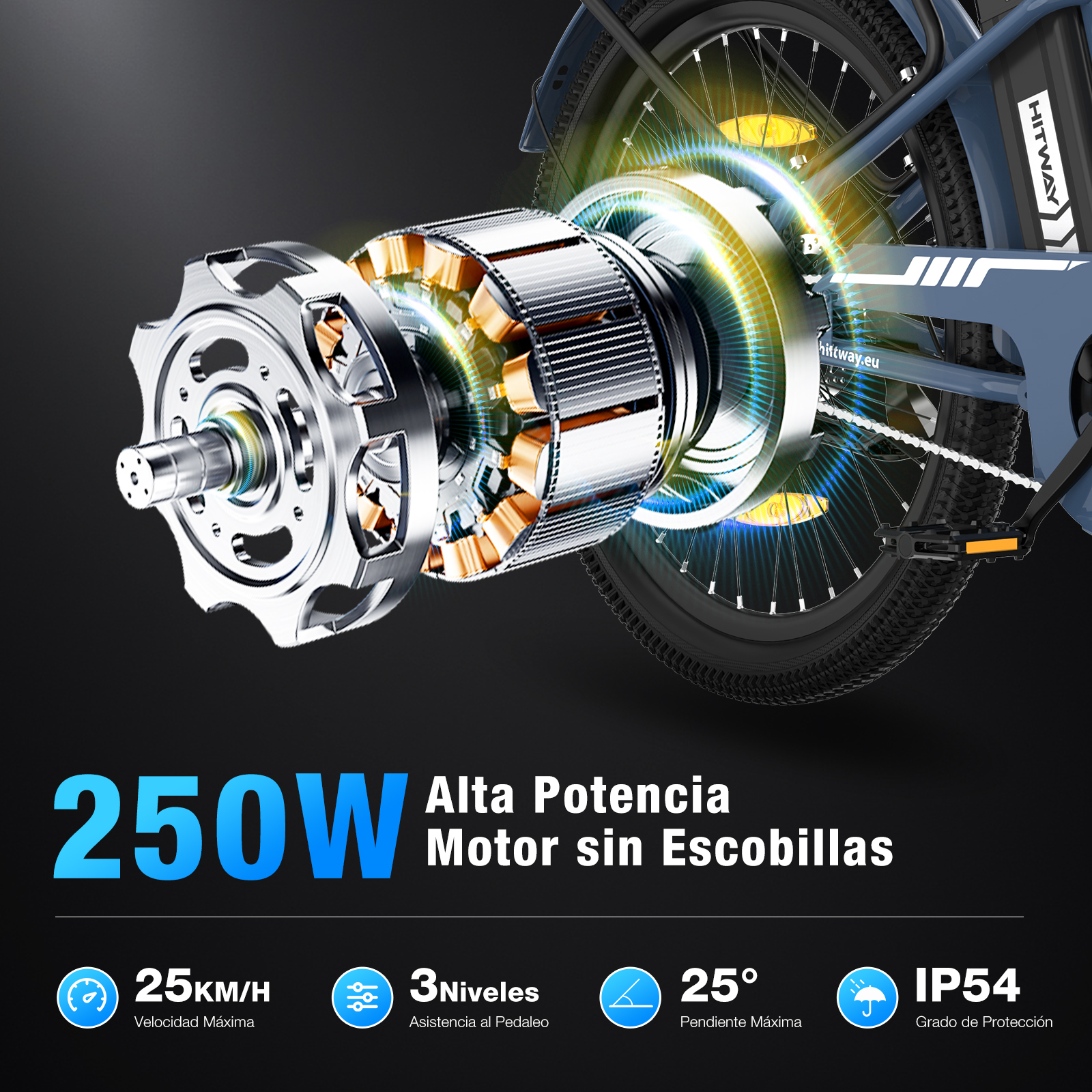 Se muestra un motor de bicicleta eléctrica con componentes detallados. El texto destaca la potencia, la velocidad y otras especificaciones.