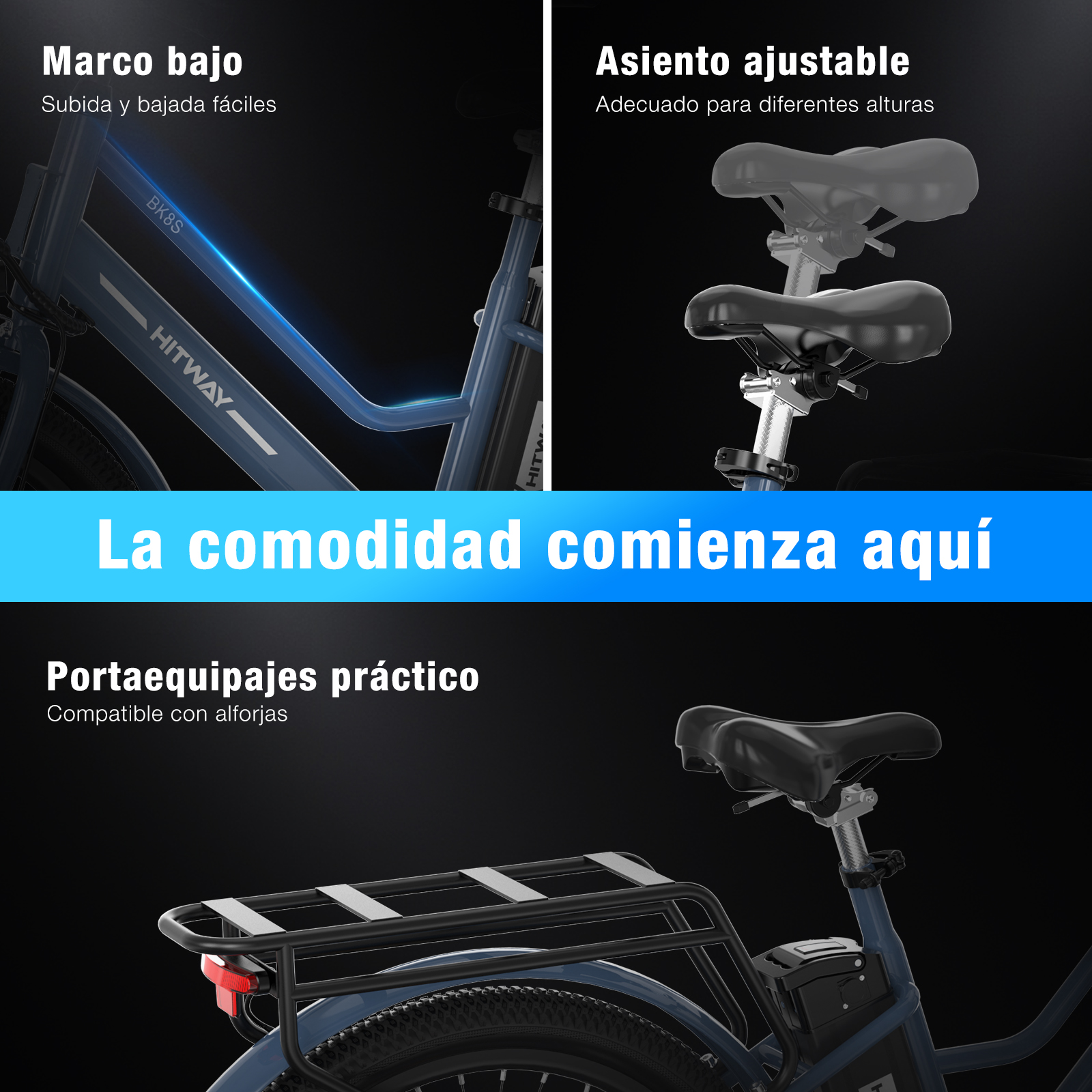 La imagen muestra partes de una bicicleta eléctrica azul, incluyendo el cuadro bajo, el asiento ajustable y el portaequipajes.