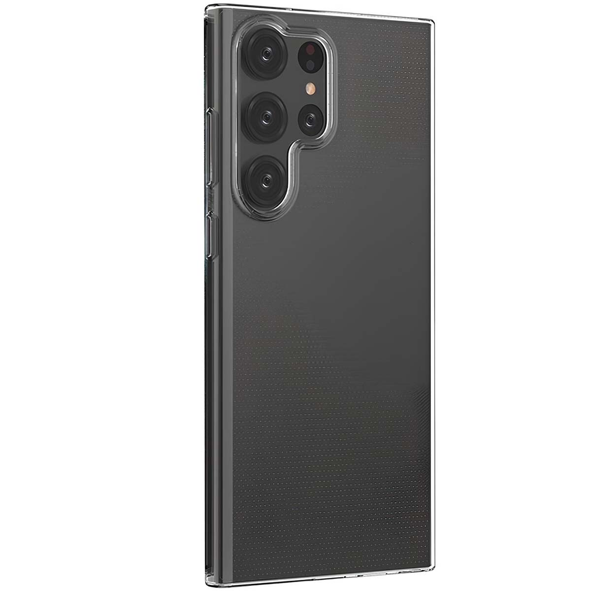 È mostrata una custodia trasparente per telefono con un rigonfiamento della fotocamera. Copre la parte posteriore e i lati di uno smartphone grigio scuro.