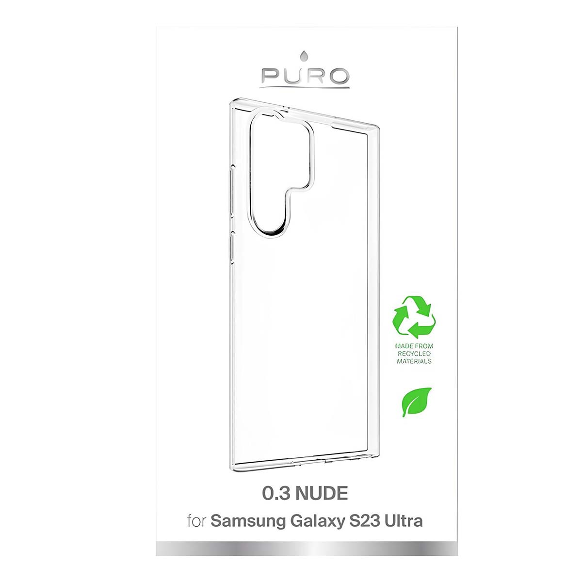 Una custodia trasparente per Samsung Galaxy S23 Ultra. Ha un logo di riciclaggio e il testo: Realizzato con materiali riciclati.