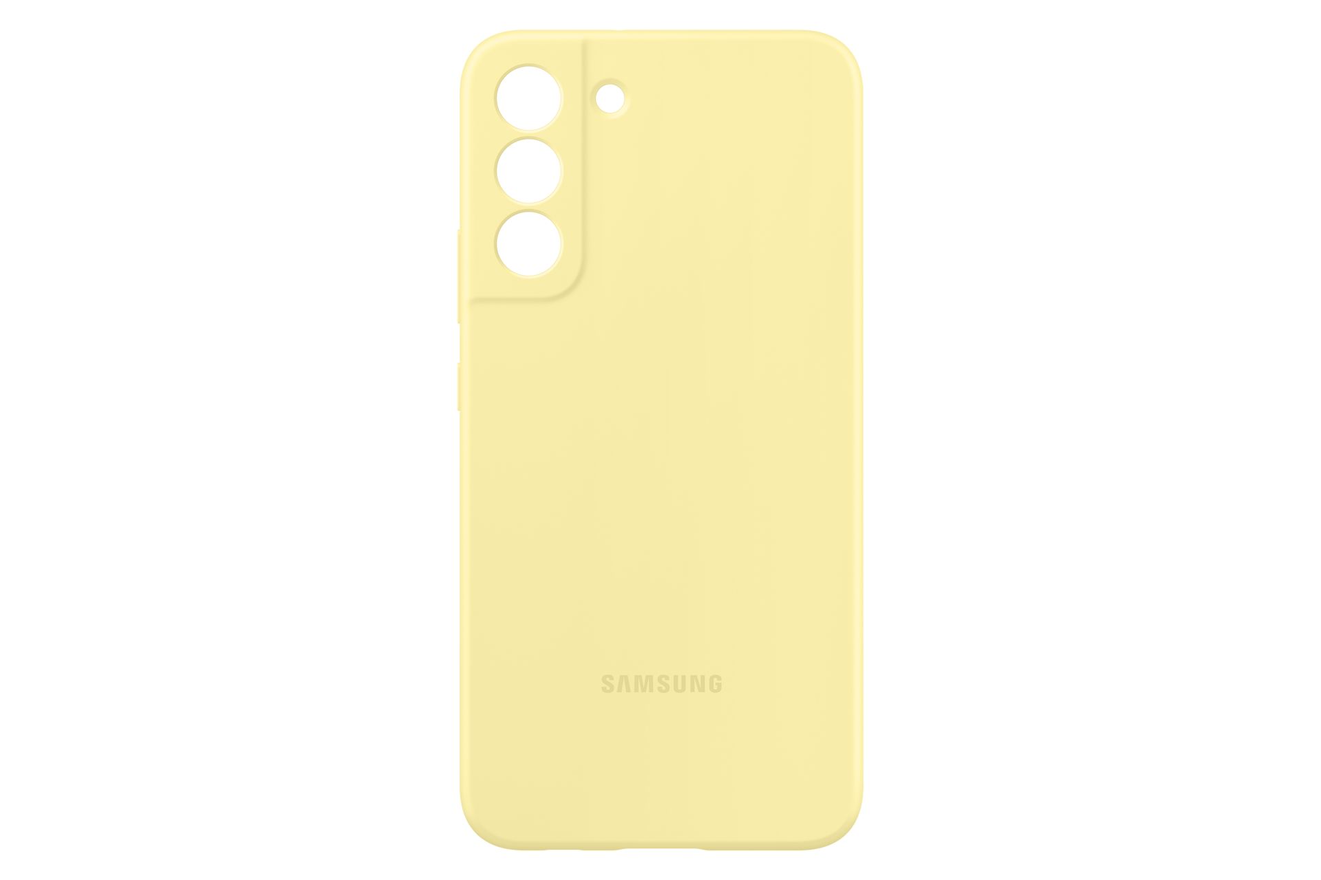 Eine gelbe Handyhülle mit drei Kameralöchern und einem Samsung-Logo auf schwarzem Hintergrund.