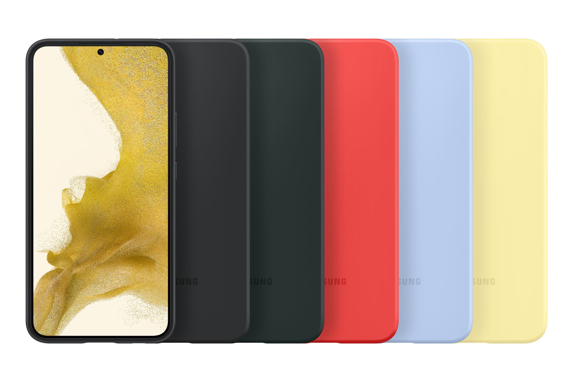 Uno smartphone con display giallo accanto a cinque custodie colorate: nero, verde, rosso, blu e giallo.