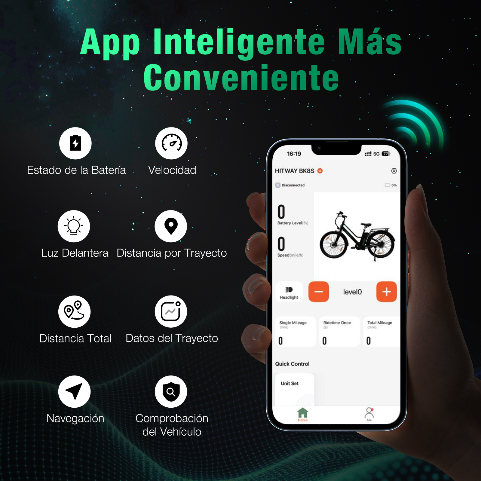 Una mano sostiene un smartphone con interfaz de app. Muestra datos de e-bike. Fondo oscuro con acentos verdes.