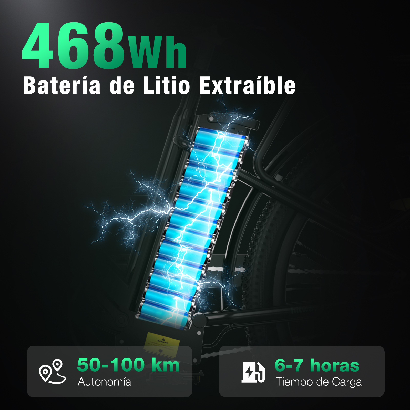 La imagen muestra una batería de bicicleta eléctrica con 468 Wh. Tiene efectos de relámpagos y texto que indica alcance y tiempo de carga.