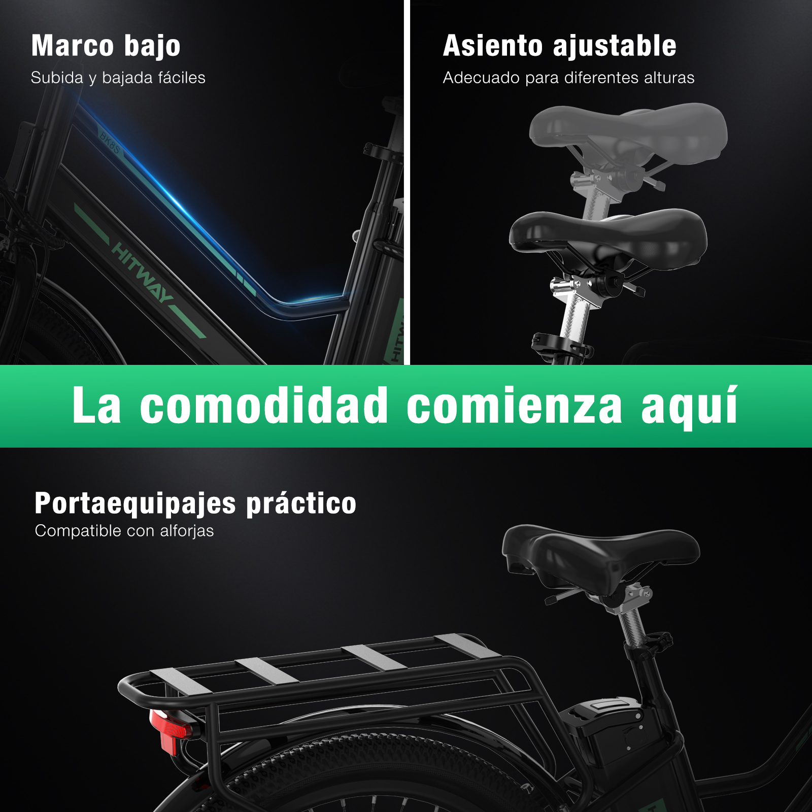 Una bicicleta eléctrica con asiento ajustable, cuadro bajo y portaequipajes. El texto promueve la comodidad y practicidad.
