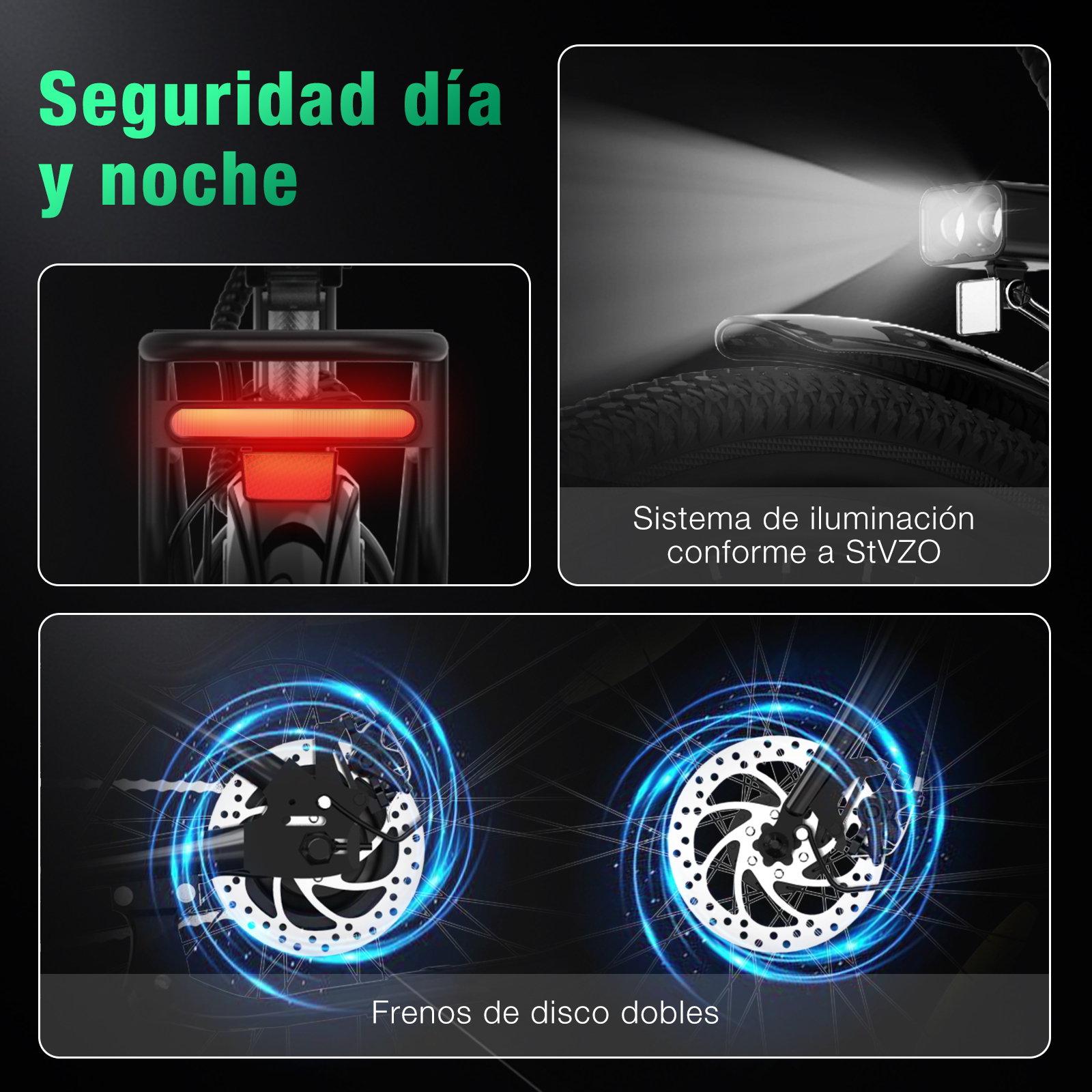 La imagen muestra detalles de la bicicleta: luz trasera, luz frontal y frenos de disco. Texto: seguridad día y noche, iluminación StVZO y frenos de disco dobles.