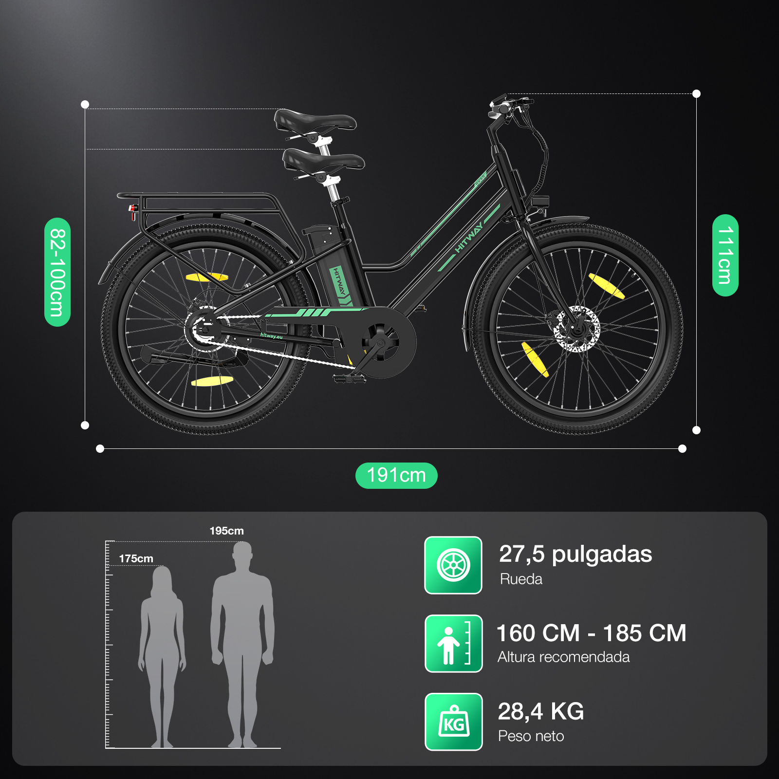 Bicicleta eléctrica HITWAY negra, con medidas y recomendaciones de tamaño sobre fondo negro.