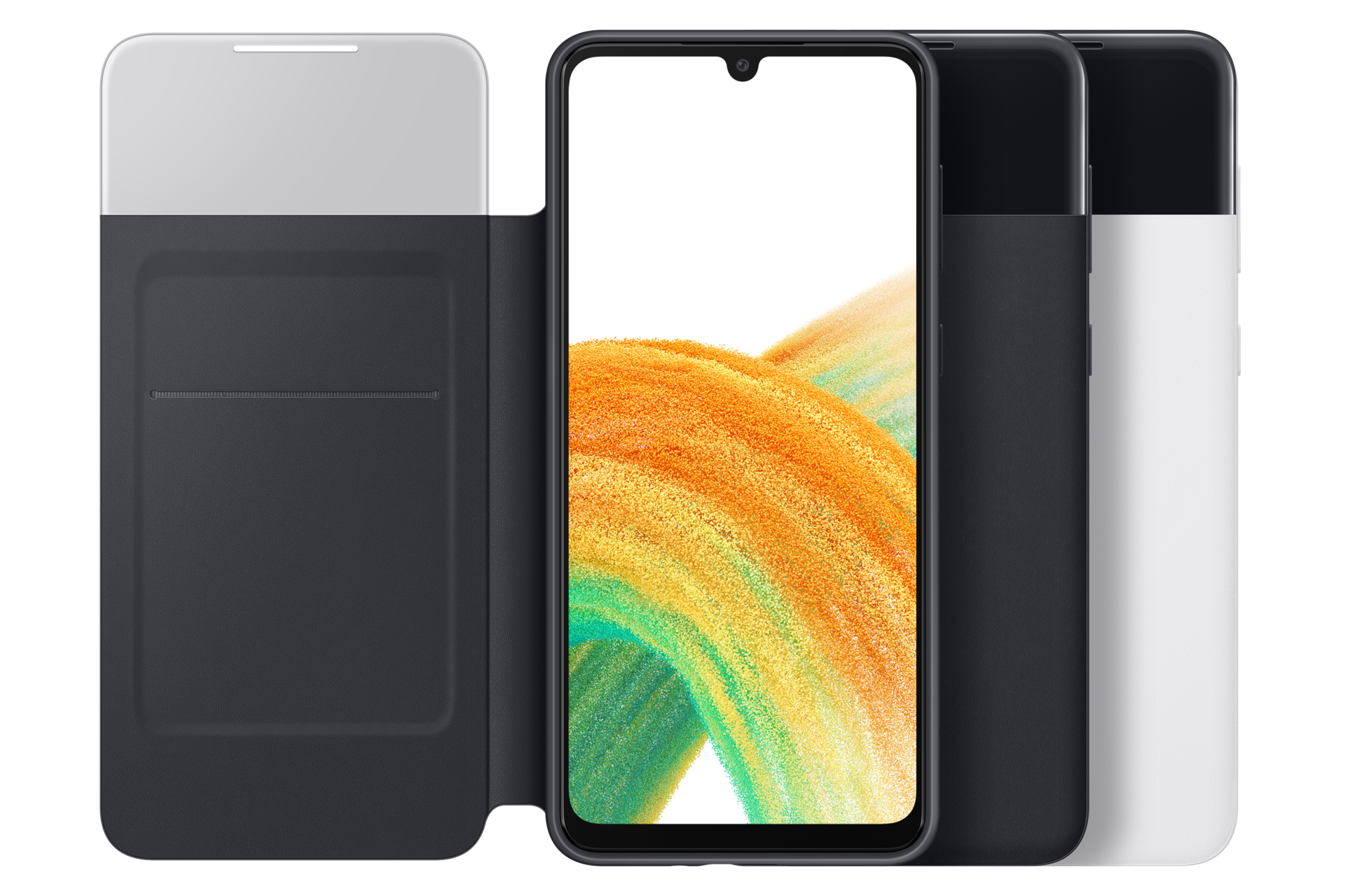 Uno smartphone con uno sfondo astratto colorato è in una custodia nera, con altre due custodie in bianco e nero.