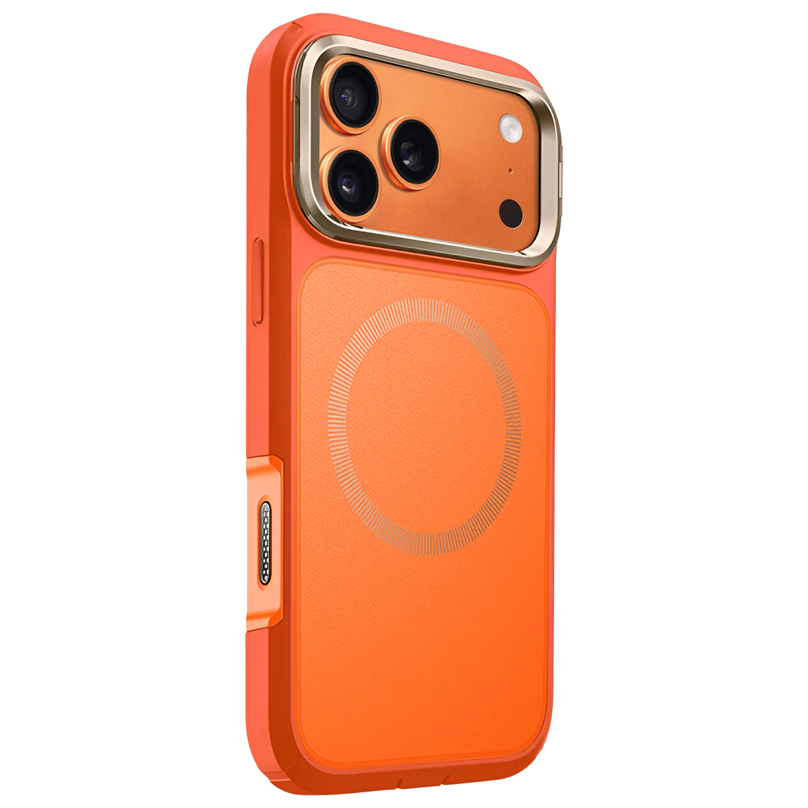 Oranje telefoonhoesje met een gouden camerakader. Het heeft drie cameralenzen en een cirkelvormig ontwerp.