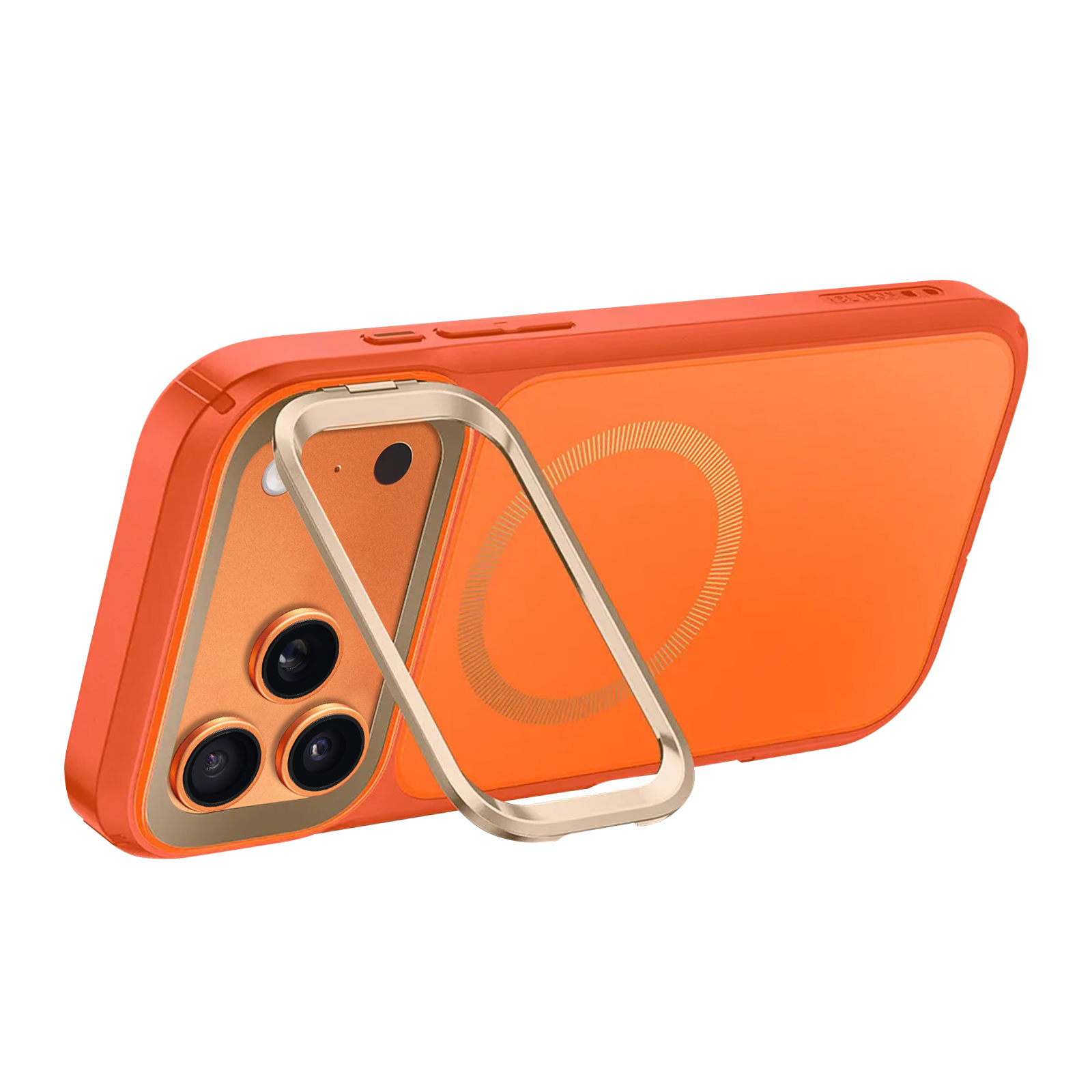 Oranje telefoonhoesje met een gouden ringstandaard. De hoes heeft een transparante achterkant. Drie cameralenzen zijn zichtbaar.