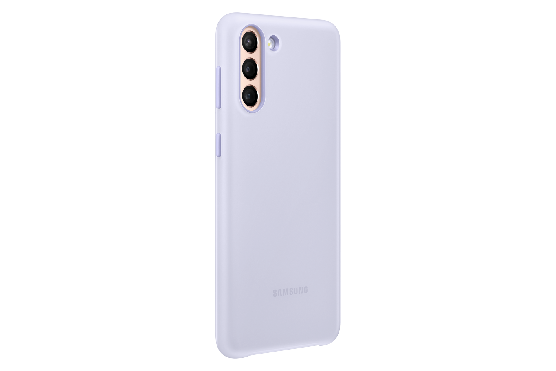 Eine lavendelfarbene Handyhülle für ein Samsung-Handy. Es hat drei Kameralinsen und das Samsung-Logo ist sichtbar.