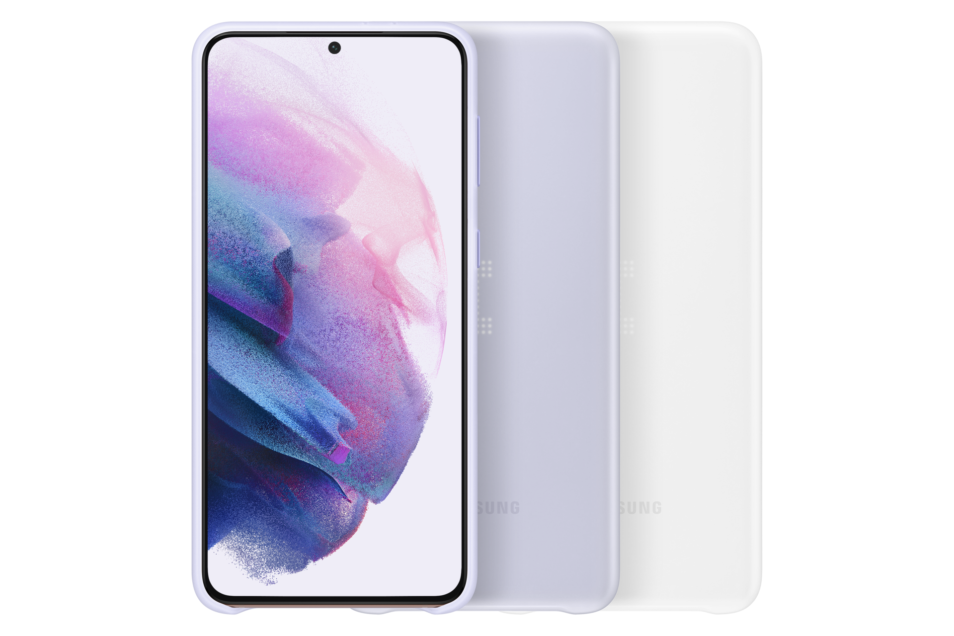 Ein Smartphone mit lila Hülle. Zwei weitere Handy-Rückseiten sind in Hellviolett und Weiß zu sehen.