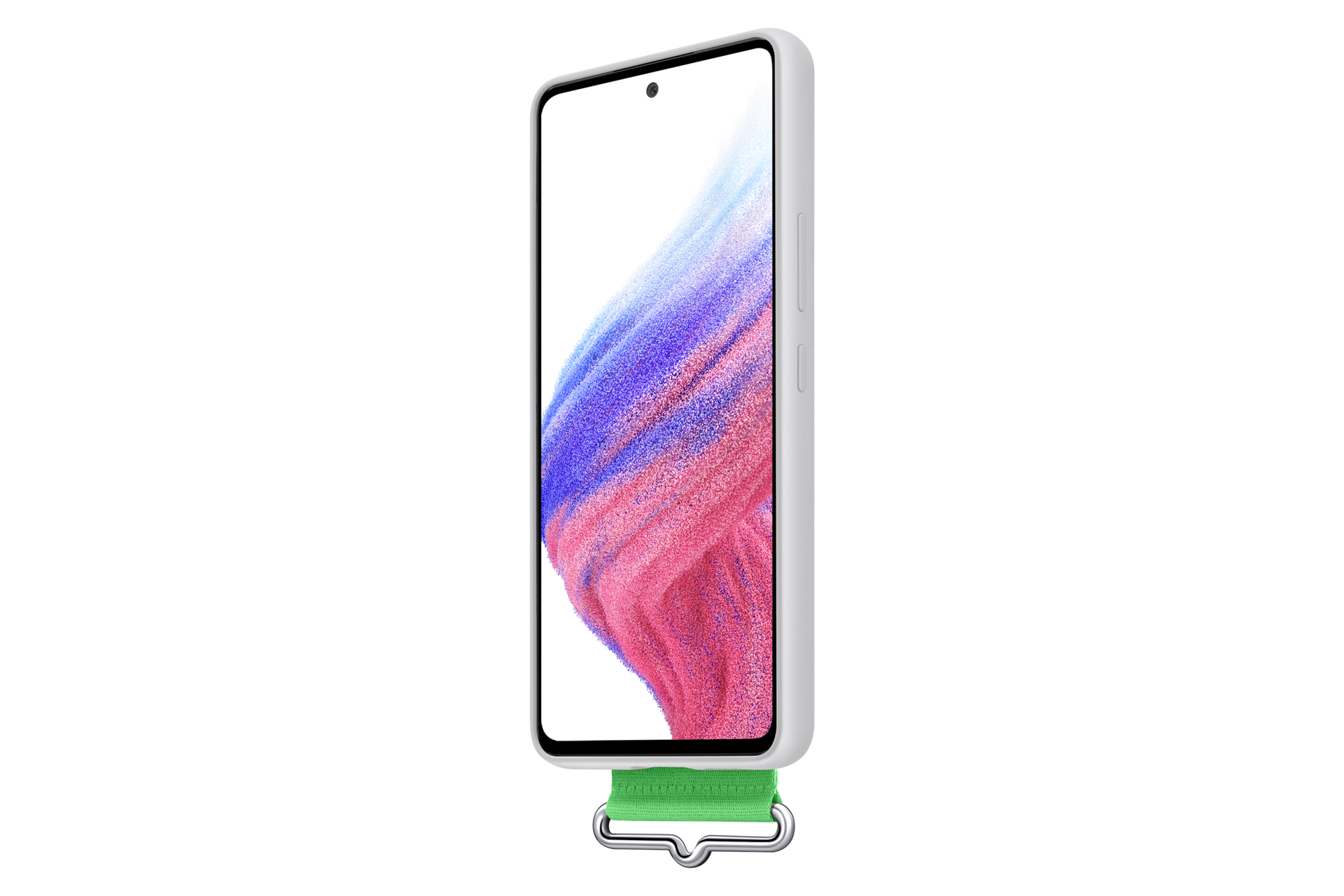 Weißes Telefon mit farbenfrohem Bildschirm, grünem Riemen und Metallverschluss, vor schwarzem Hintergrund.