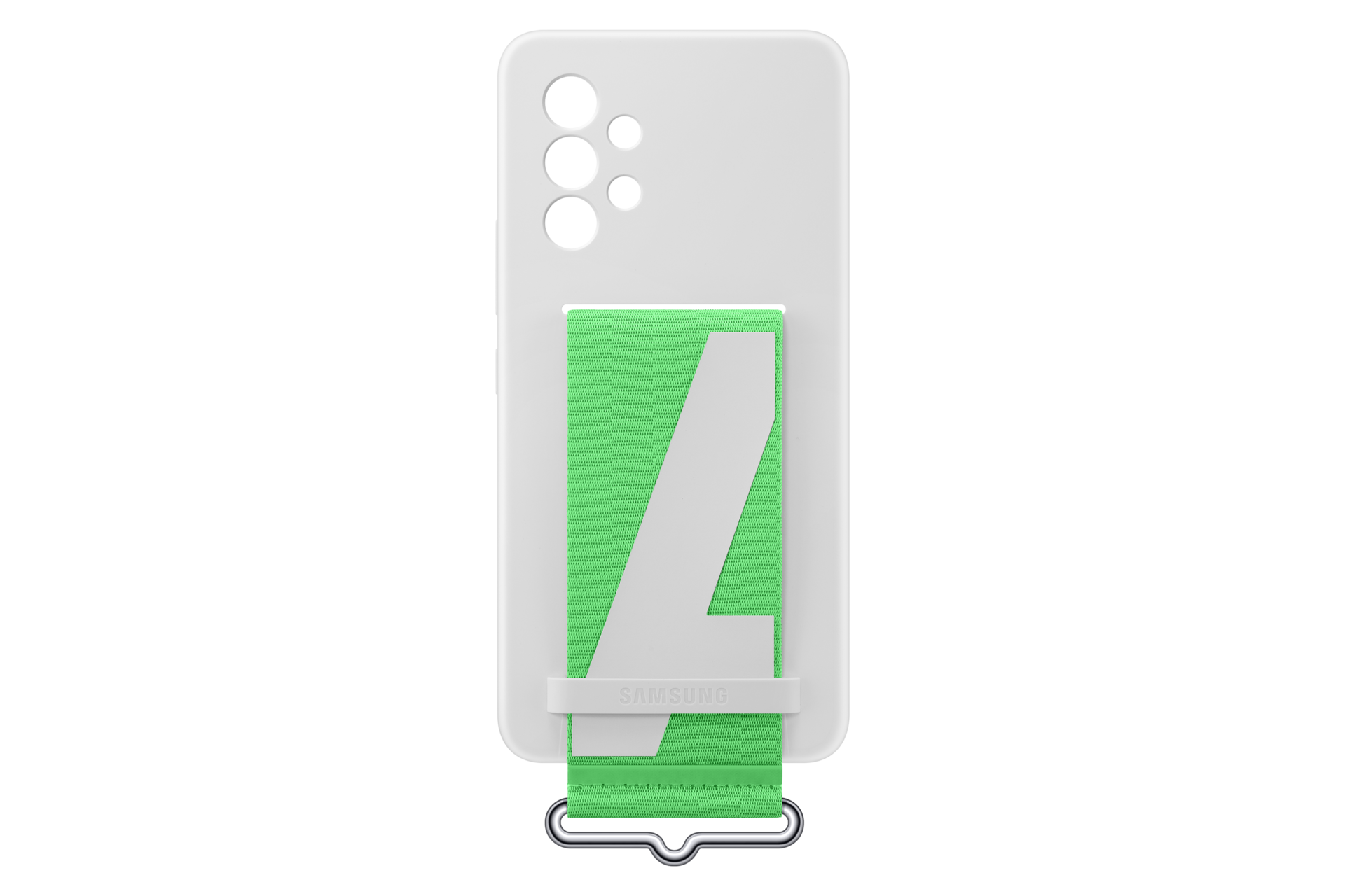 Weißes Handy-Case mit grünem Riemen. Weiße Zahl 7 auf dem Riemen. Samsung-Logo auf dem Riemen.