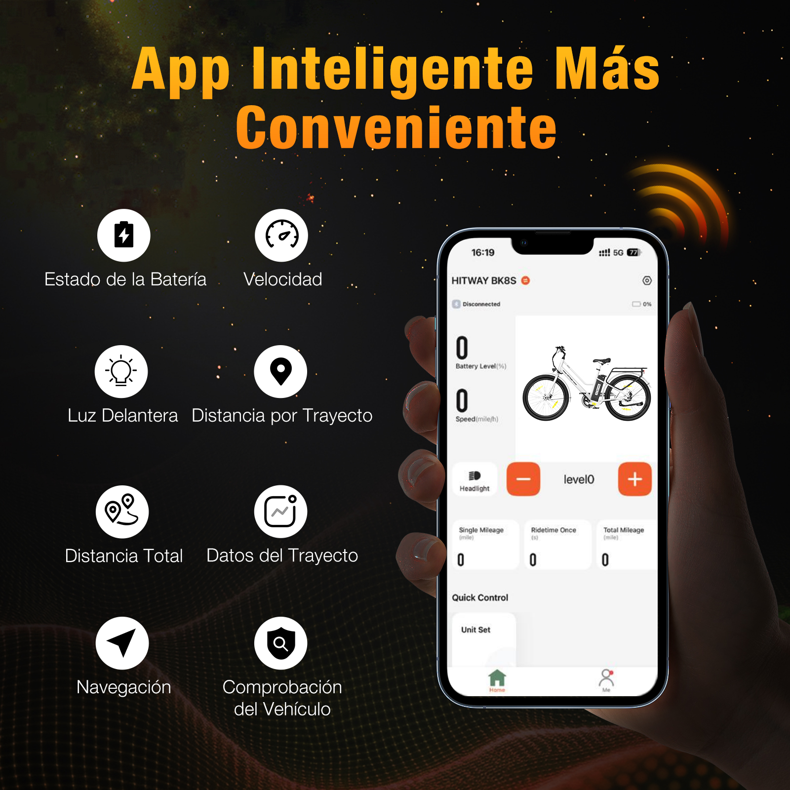 Un teléfono muestra una interfaz de aplicación de bicicleta eléctrica. Iconos de batería, velocidad, luces, distancia, navegación y verificación del vehículo.
