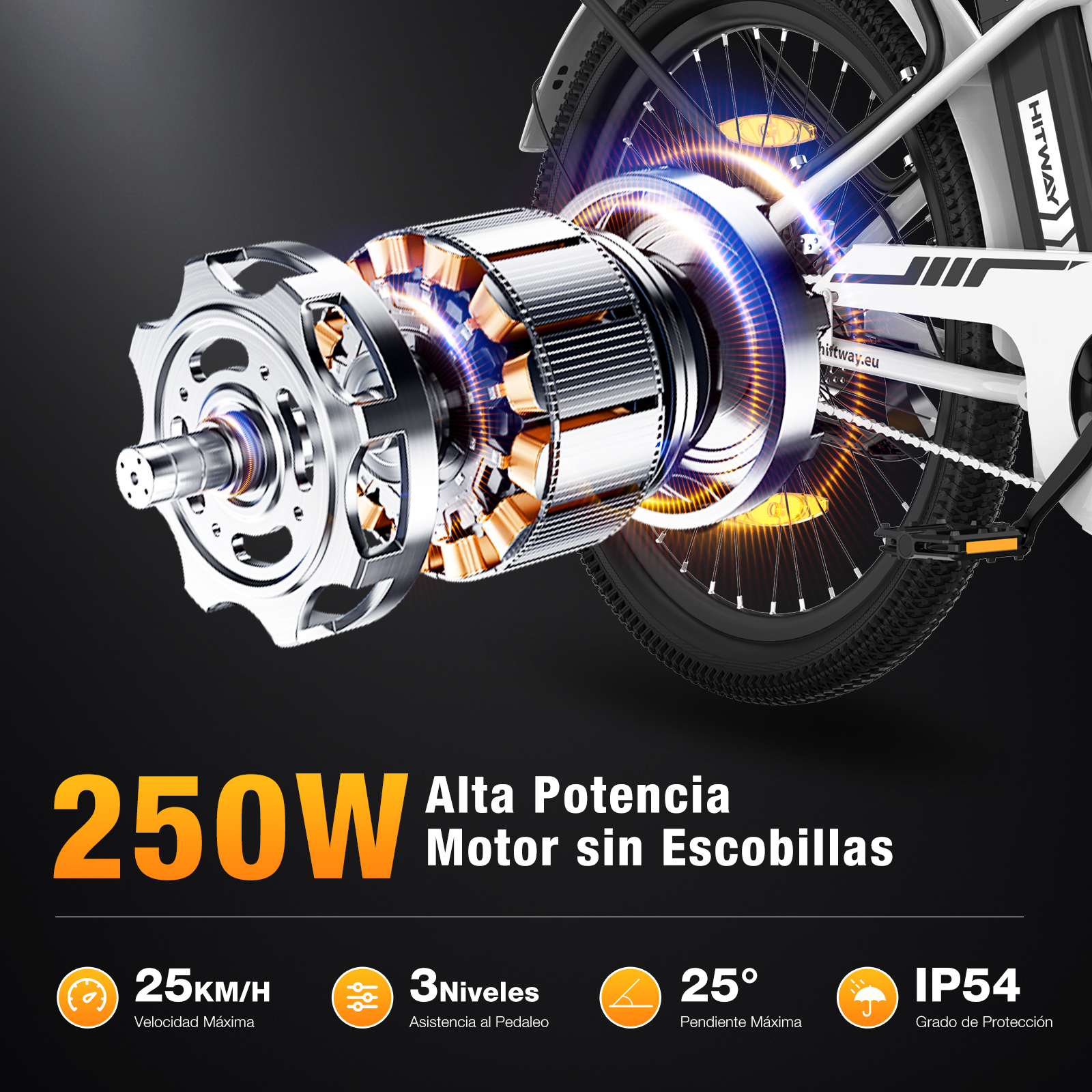 Se muestra un motor de bicicleta eléctrica, con especificaciones. La bicicleta es blanca y negra, con motor plateado y texto naranja.