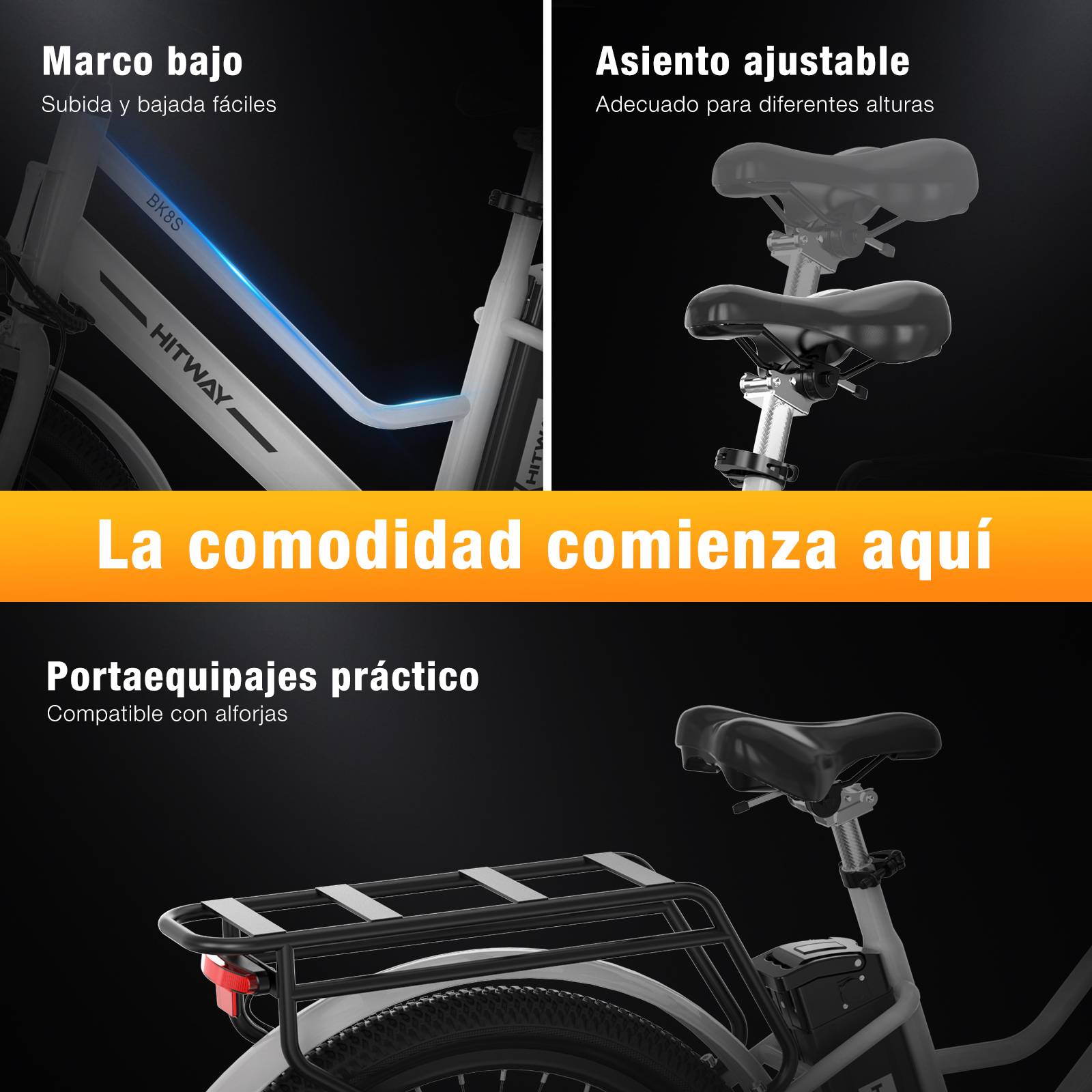 Una bicicleta eléctrica con detalles: cuadro bajo, asiento ajustable y portaequipajes. Texto en español, 'La comodidad comienza aquí'.
