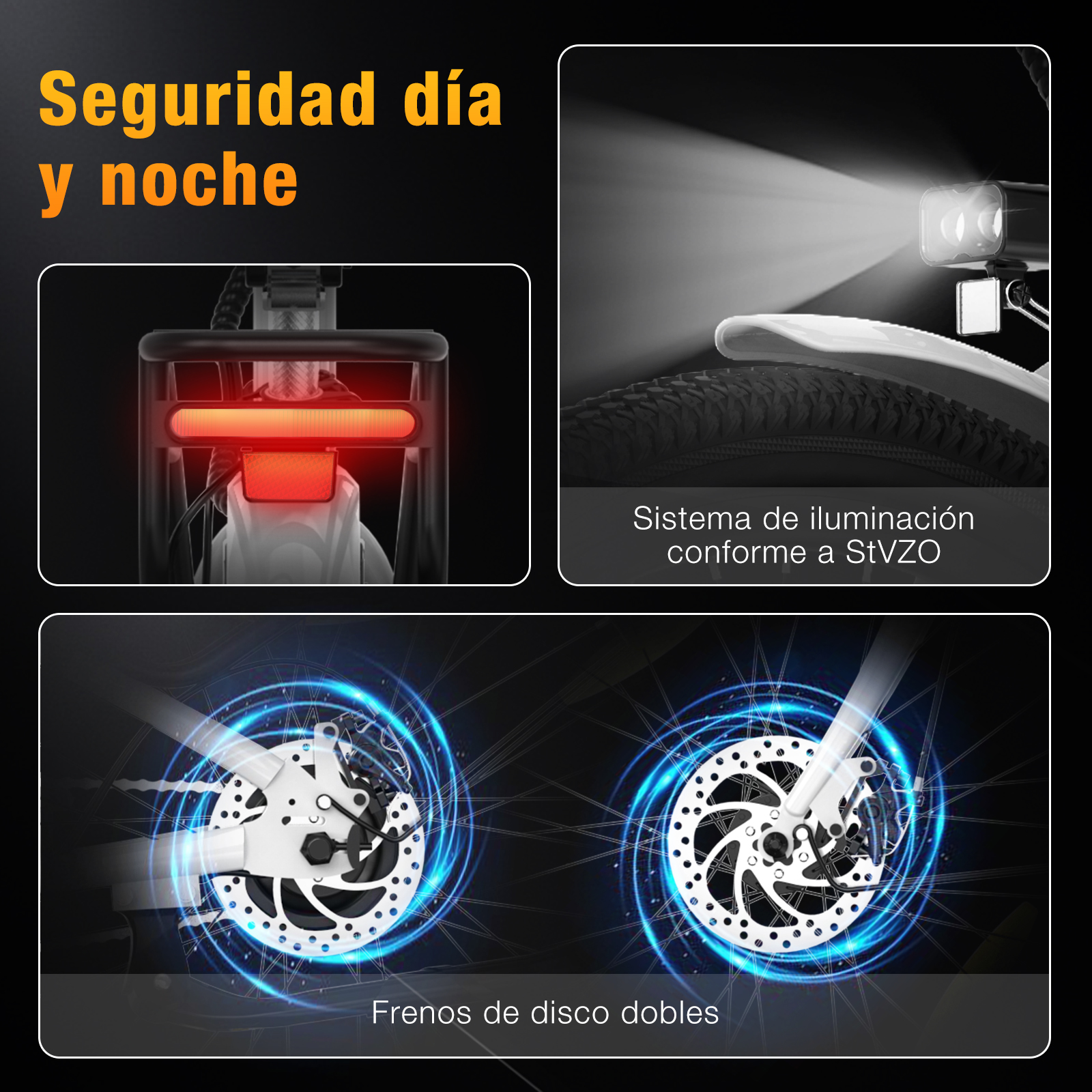 Imagen muestra detalles de la bici: luz trasera, faro y frenos de disco dobles. Textos resaltan características de seguridad.