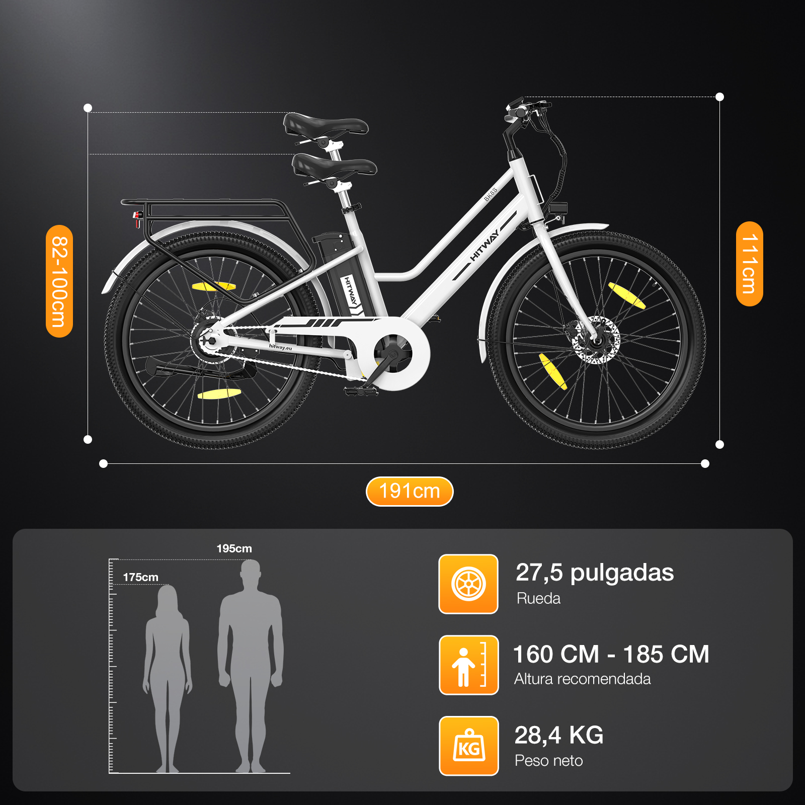 Una bicicleta eléctrica blanca con neumáticos y detalles negros. Las dimensiones se muestran con texto en español.